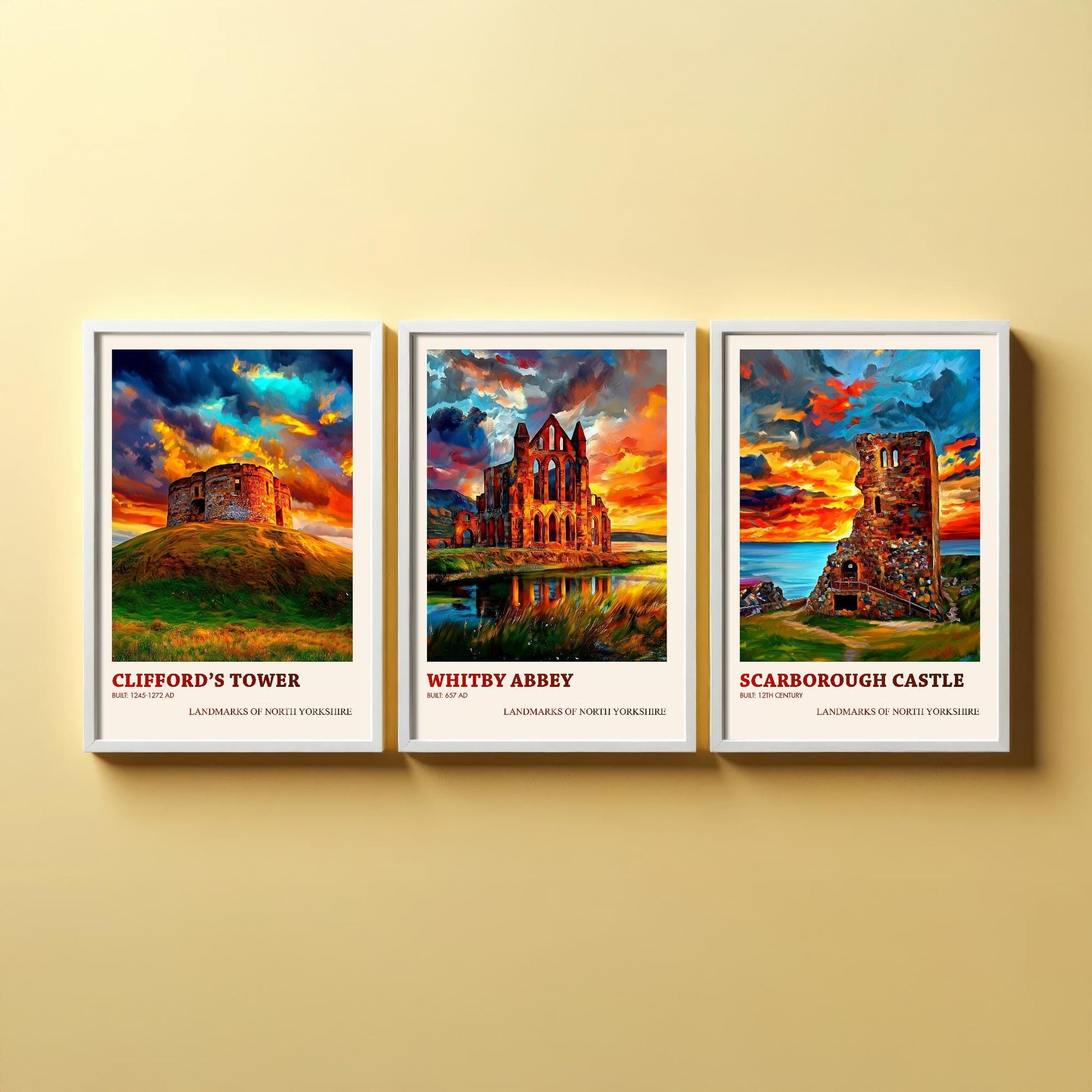 North Yorkshire Landmarks - Set of Three Art Prints - Clifford's Tower Poster, Whitby Abbey Painting, Scarborough Castle Gift Illustration