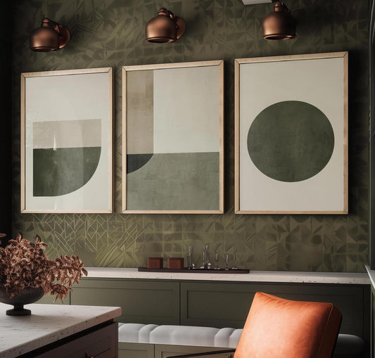 Abstract Geometry in Olive - Set of Three Art Prints - Circle Shape Posters - Muted Rustic Décor - Modern Art Paintings 3