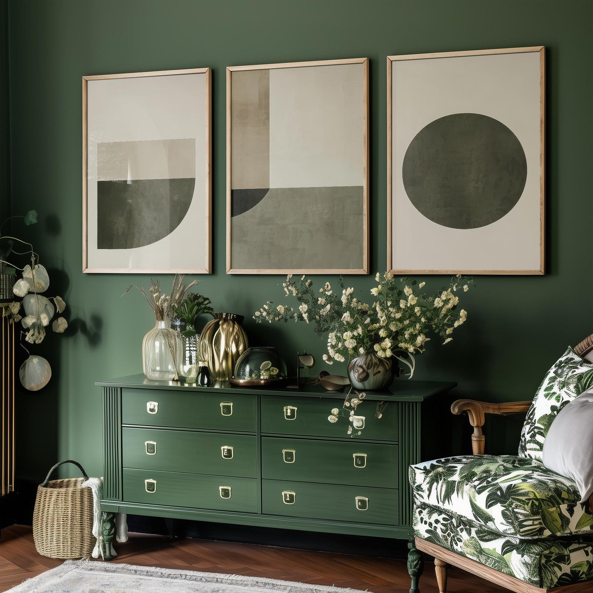 Abstract Geometry in Olive - Set of Three Art Prints - Circle Shape Posters - Muted Rustic Décor - Modern Art Paintings 3