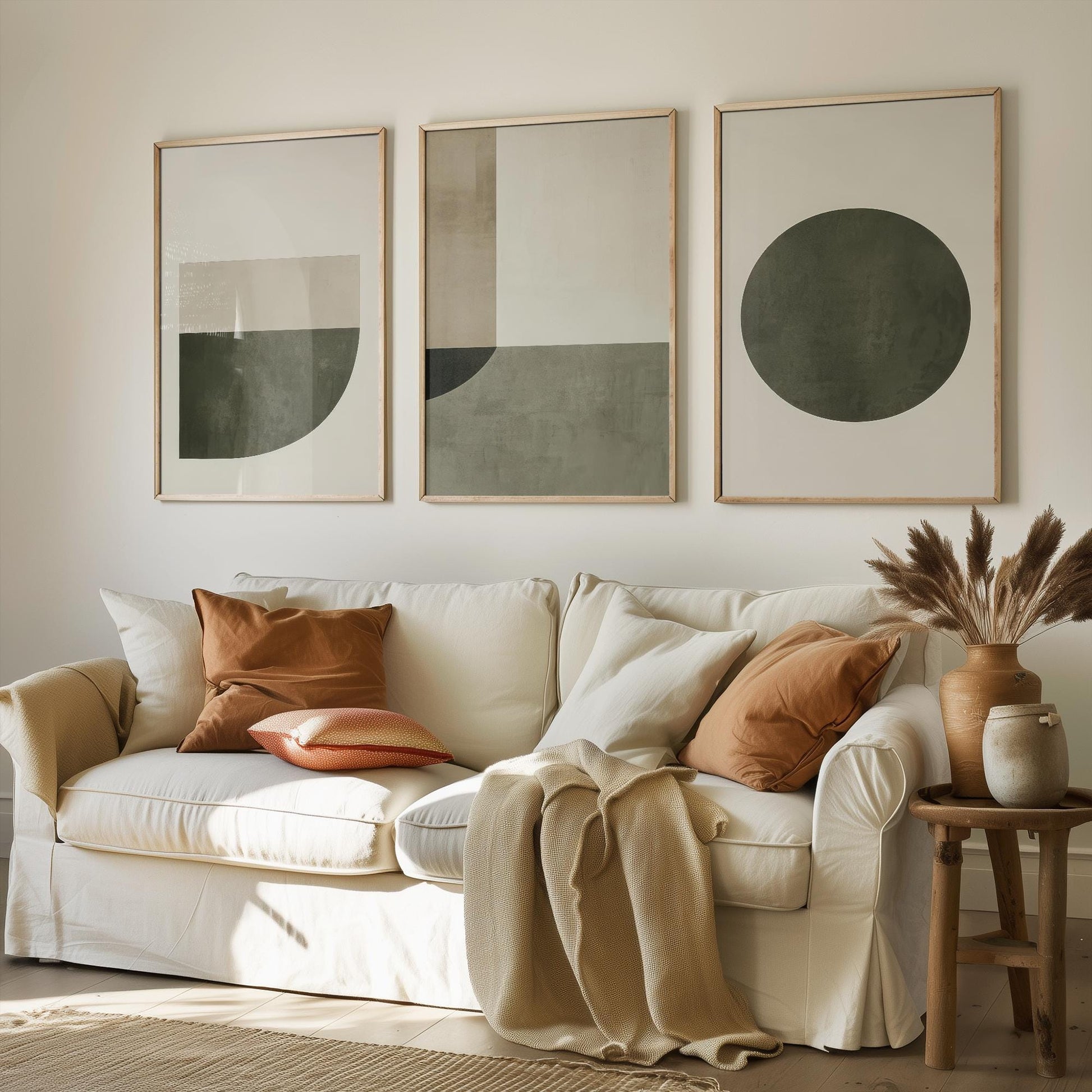 Abstract Geometry in Olive - Set of Three Art Prints - Circle Shape Posters - Muted Rustic Décor - Modern Art Paintings 3