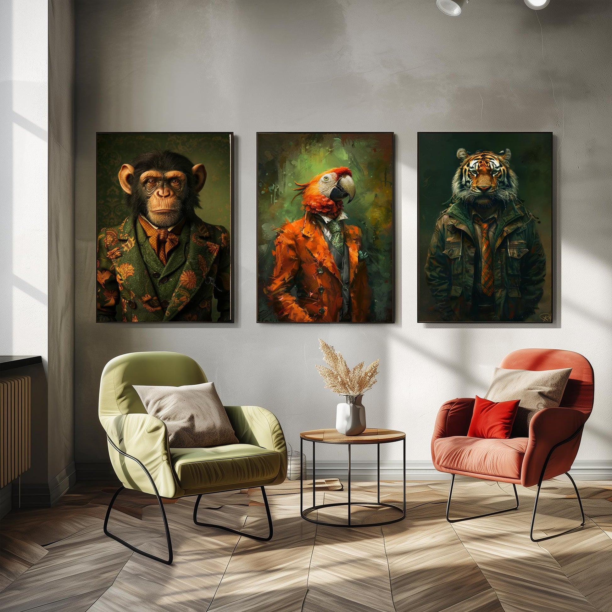 Set of Three Jungle Animals Wearing Suits Paintings - 3 Monkey Parrot Tiger Art Prints - Photo Poster Wall Gift Giclée Décor Chimp Ape #L2