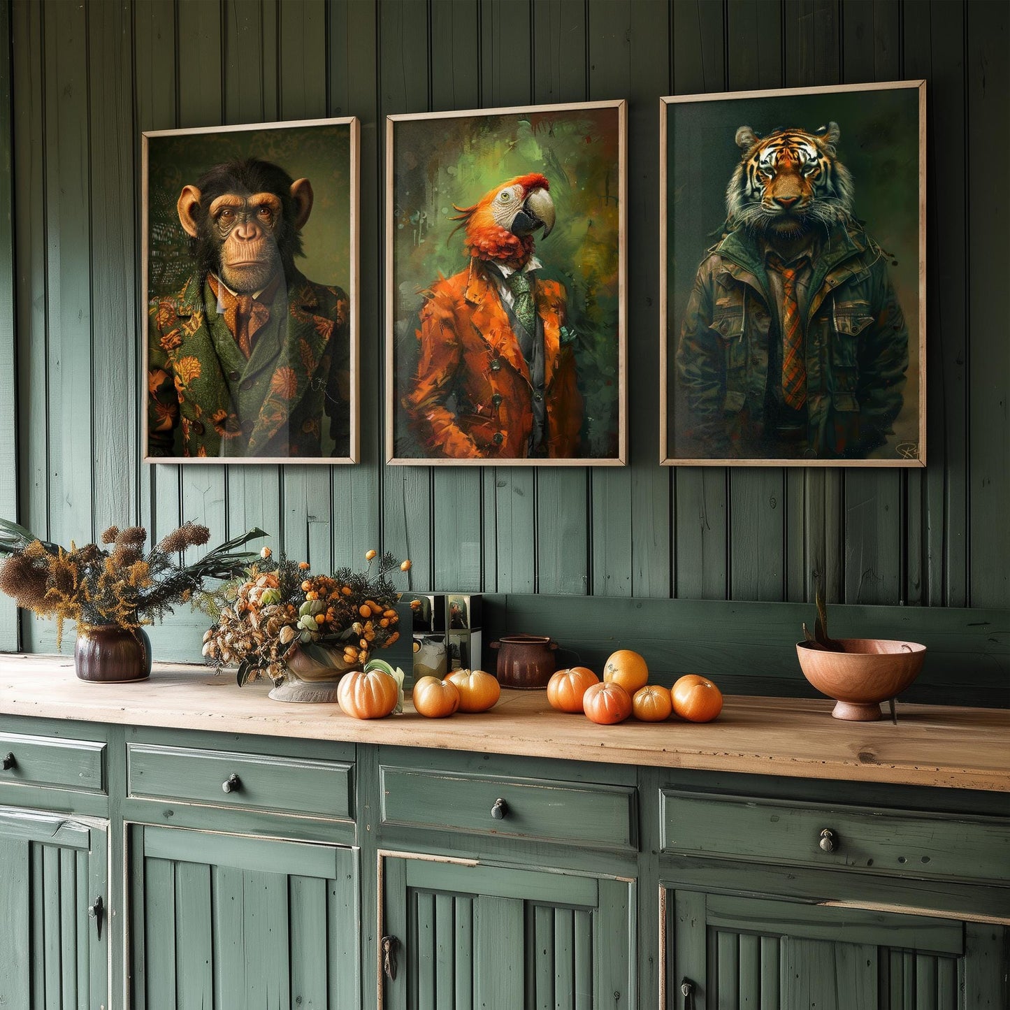 Set of Three Jungle Animals Wearing Suits Paintings - 3 Monkey Parrot Tiger Art Prints - Photo Poster Wall Gift Giclée Décor Chimp Ape #L2