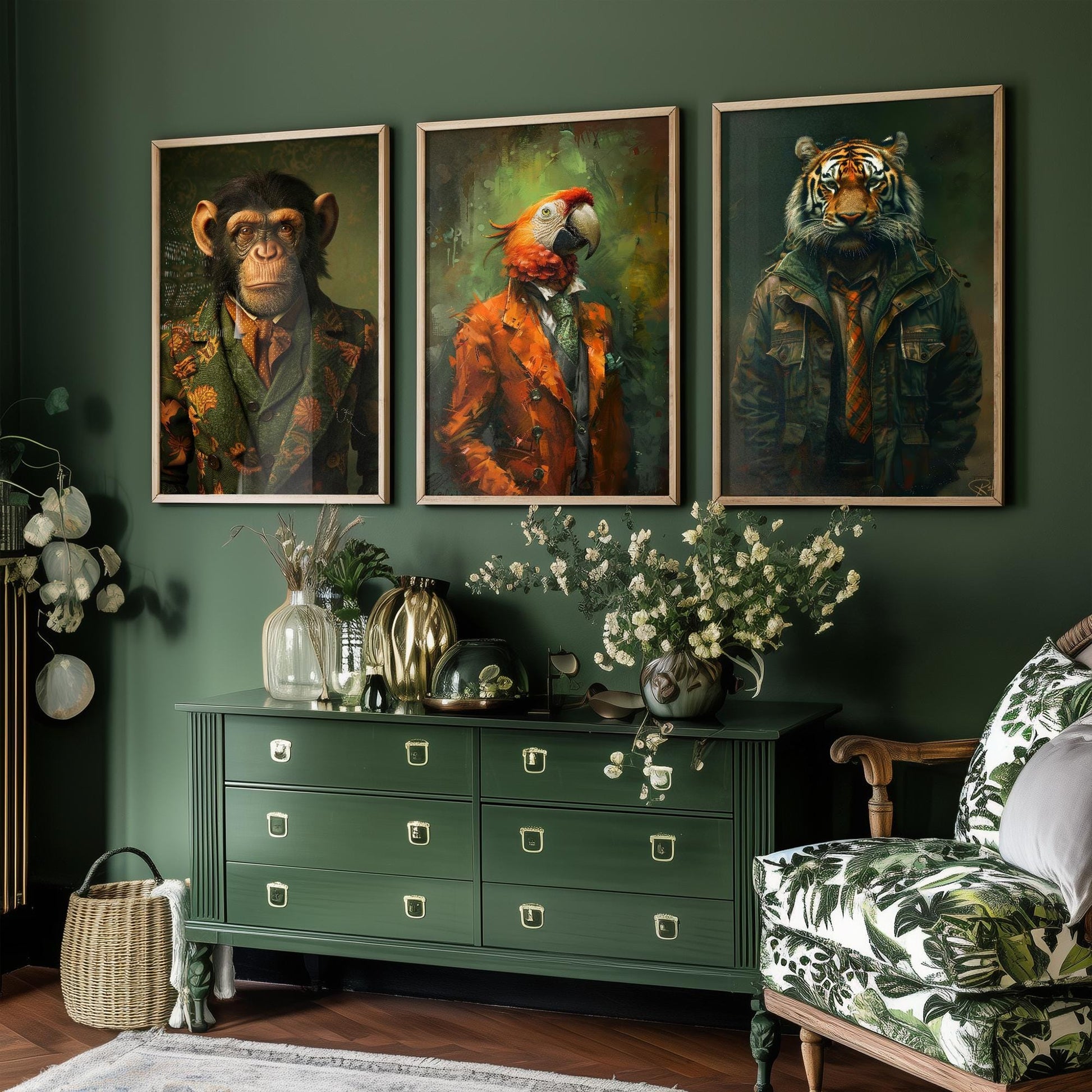 Set of Three Jungle Animals Wearing Suits Paintings - 3 Monkey Parrot Tiger Art Prints - Photo Poster Wall Gift Giclée Décor Chimp Ape #L2