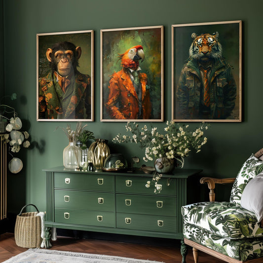 Set of Three Jungle Animals Wearing Suits Paintings - 3 Monkey Parrot Tiger Art Prints - Photo Poster Wall Gift Giclée Décor Chimp Ape #L2