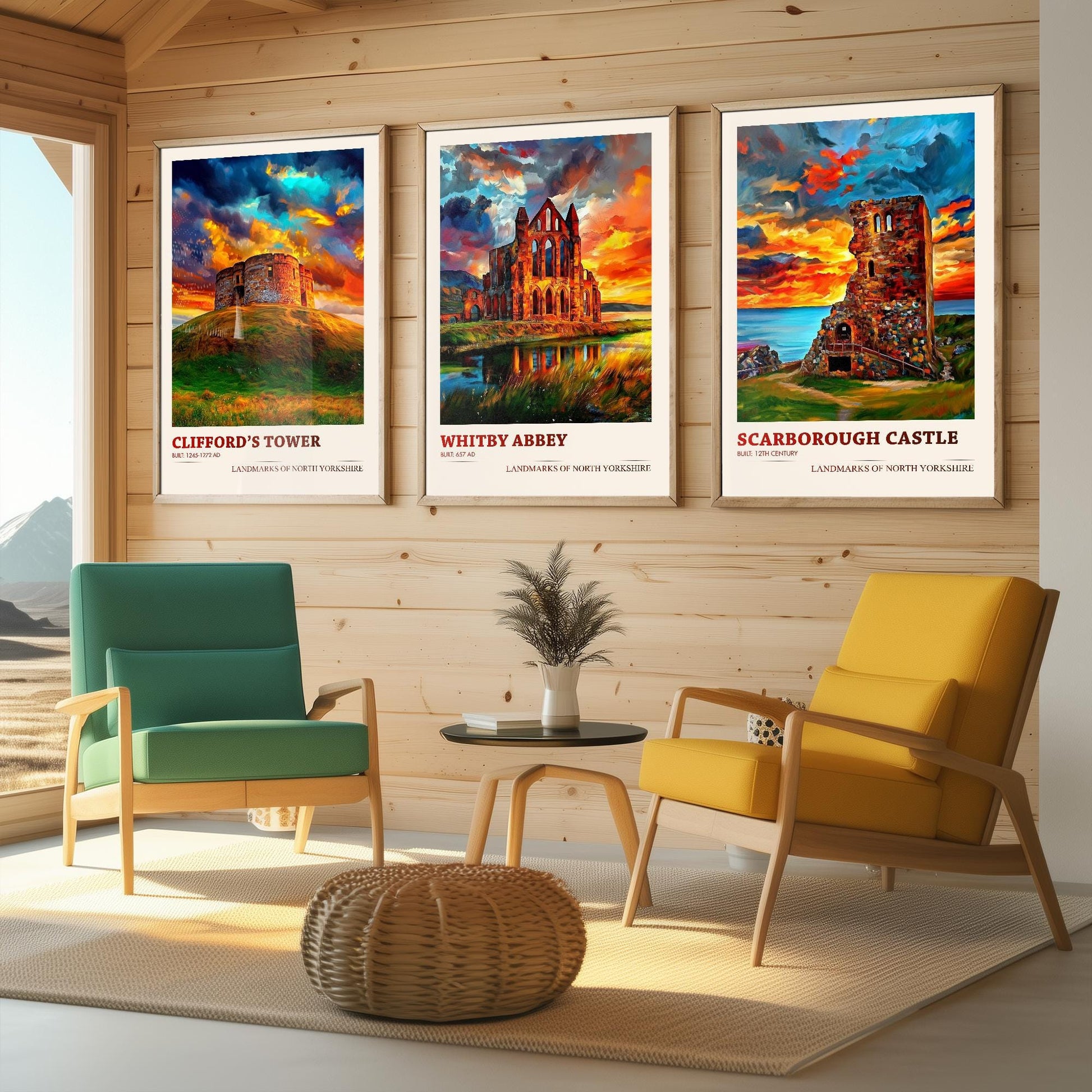 North Yorkshire Landmarks - Set of Three Art Prints - Clifford's Tower Poster, Whitby Abbey Painting, Scarborough Castle Gift Illustration