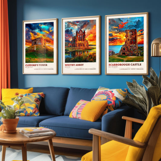North Yorkshire Landmarks - Set of Three Art Prints - Clifford's Tower Poster, Whitby Abbey Painting, Scarborough Castle Gift Illustration