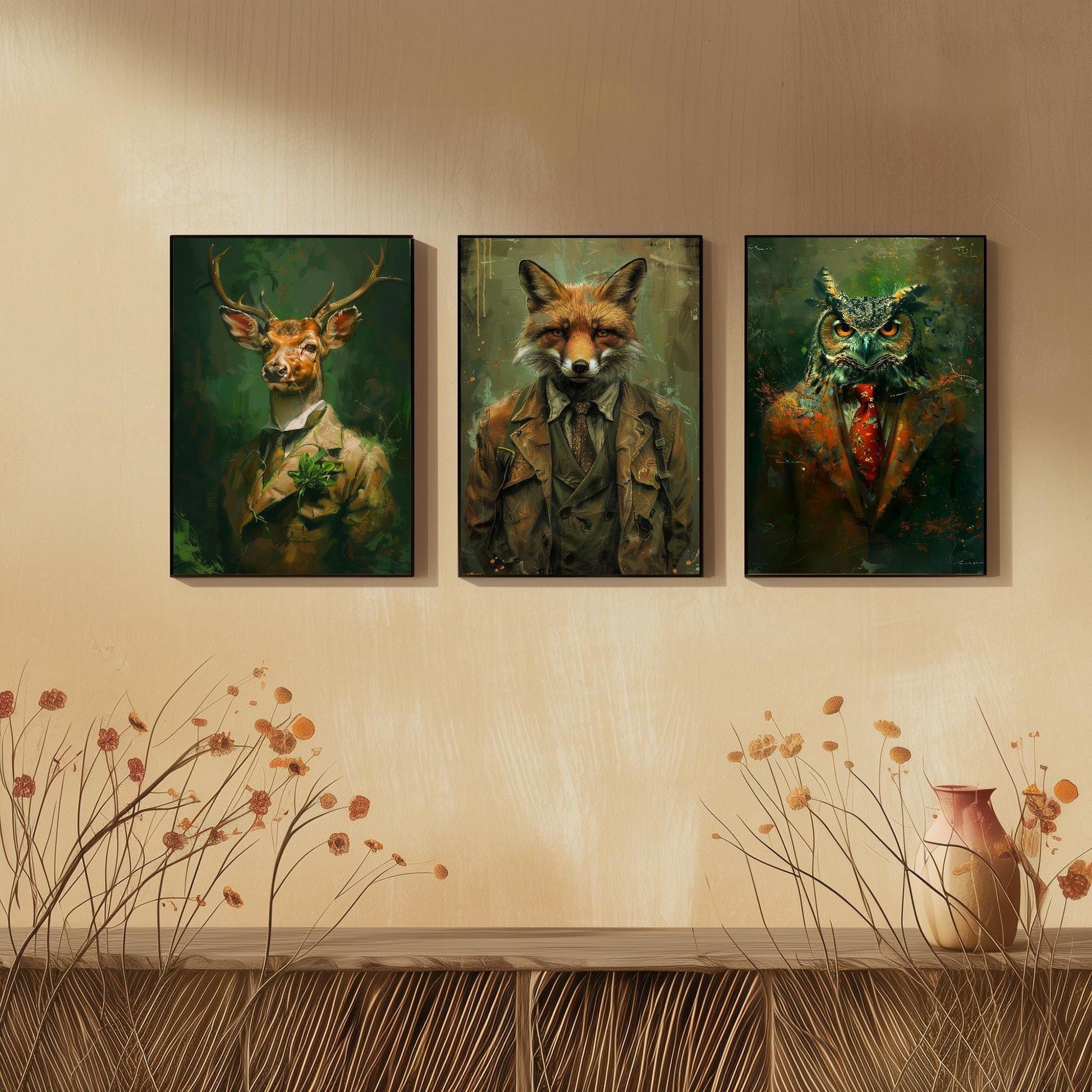 Set of Three Woodland Animals Wearing Suits Paintings - 3 Deer Fox Owl Art Prints - Photo Poster Wall Gift Giclée Décor #L2