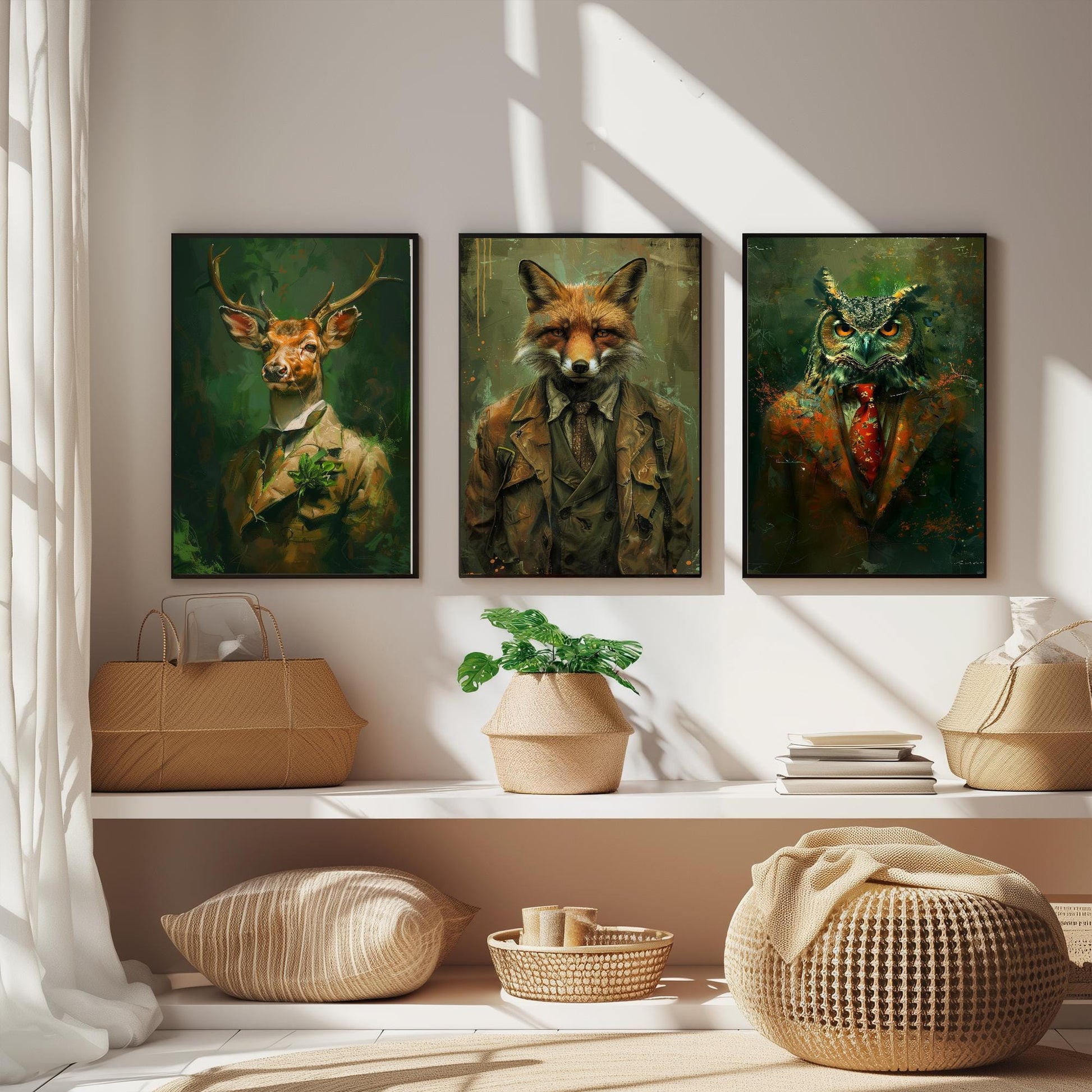Set of Three Woodland Animals Wearing Suits Paintings - 3 Deer Fox Owl Art Prints - Photo Poster Wall Gift Giclée Décor #L2