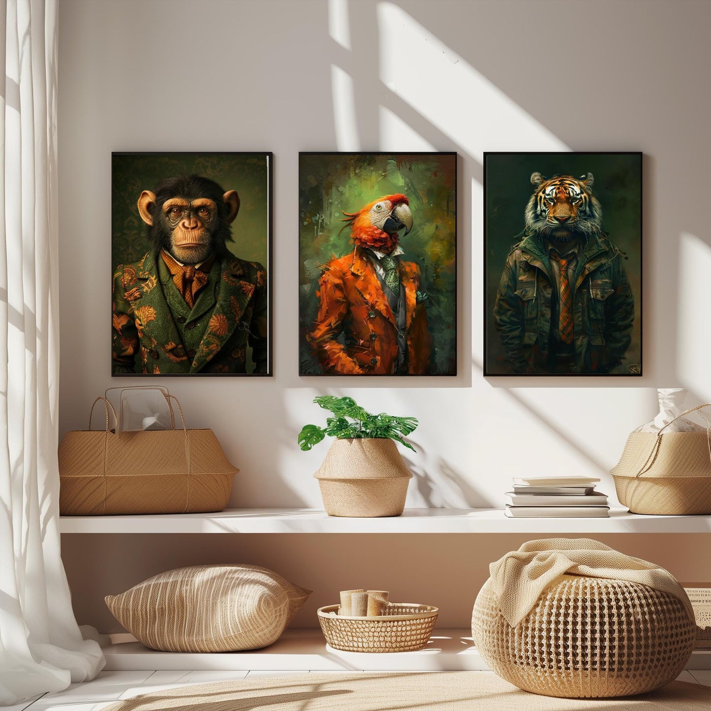 Set of Three Jungle Animals Wearing Suits Paintings - 3 Monkey Parrot Tiger Art Prints - Photo Poster Wall Gift Giclée Décor Chimp Ape #L2