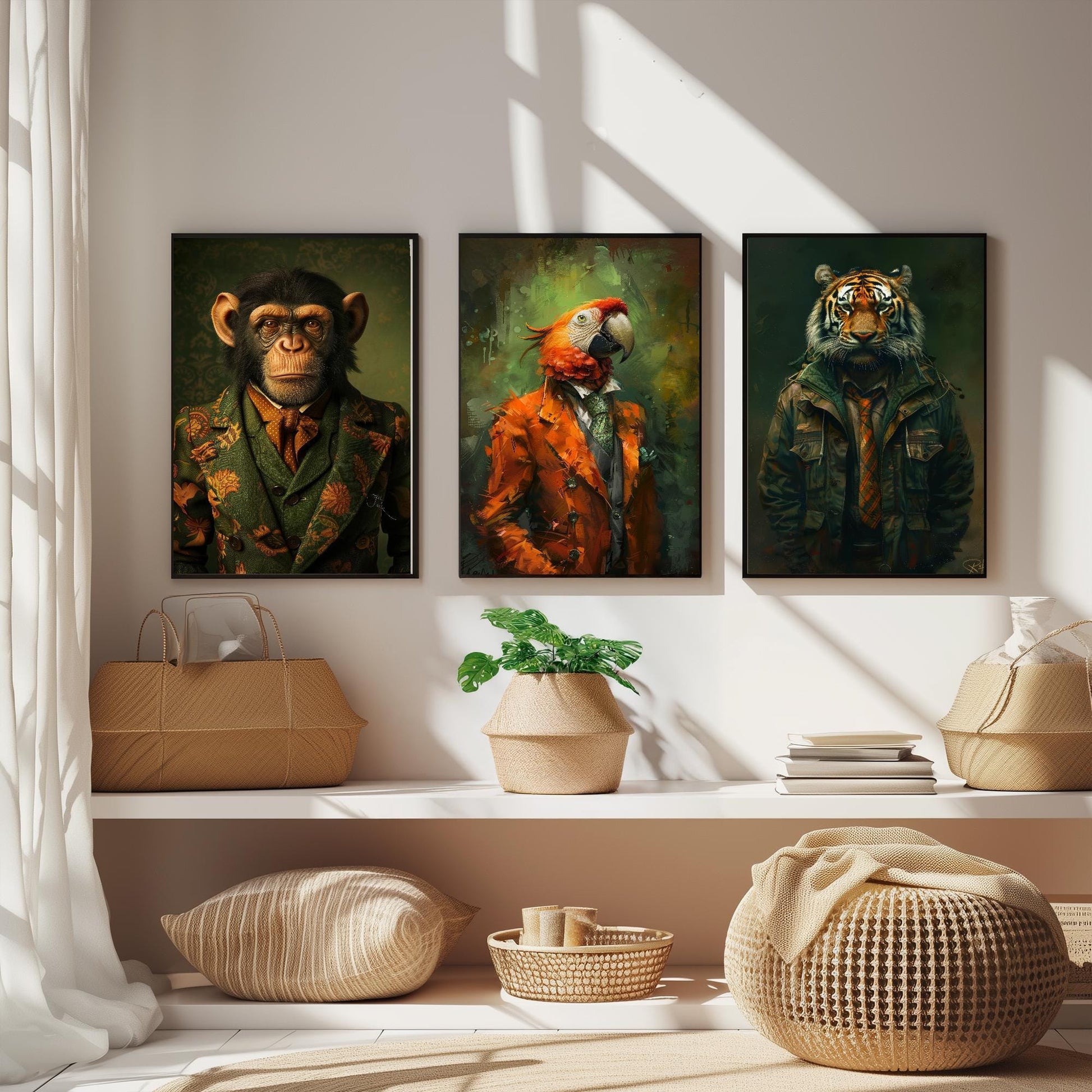Set of Three Jungle Animals Wearing Suits Paintings - 3 Monkey Parrot Tiger Art Prints - Photo Poster Wall Gift Giclée Décor Chimp Ape #L2