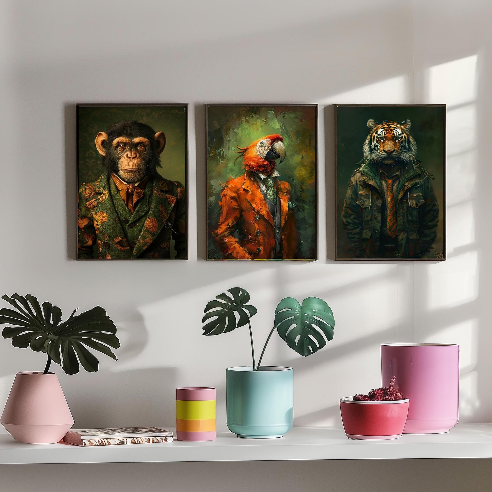 Set of Three Jungle Animals Wearing Suits Paintings - 3 Monkey Parrot Tiger Art Prints - Photo Poster Wall Gift Giclée Décor Chimp Ape #L2
