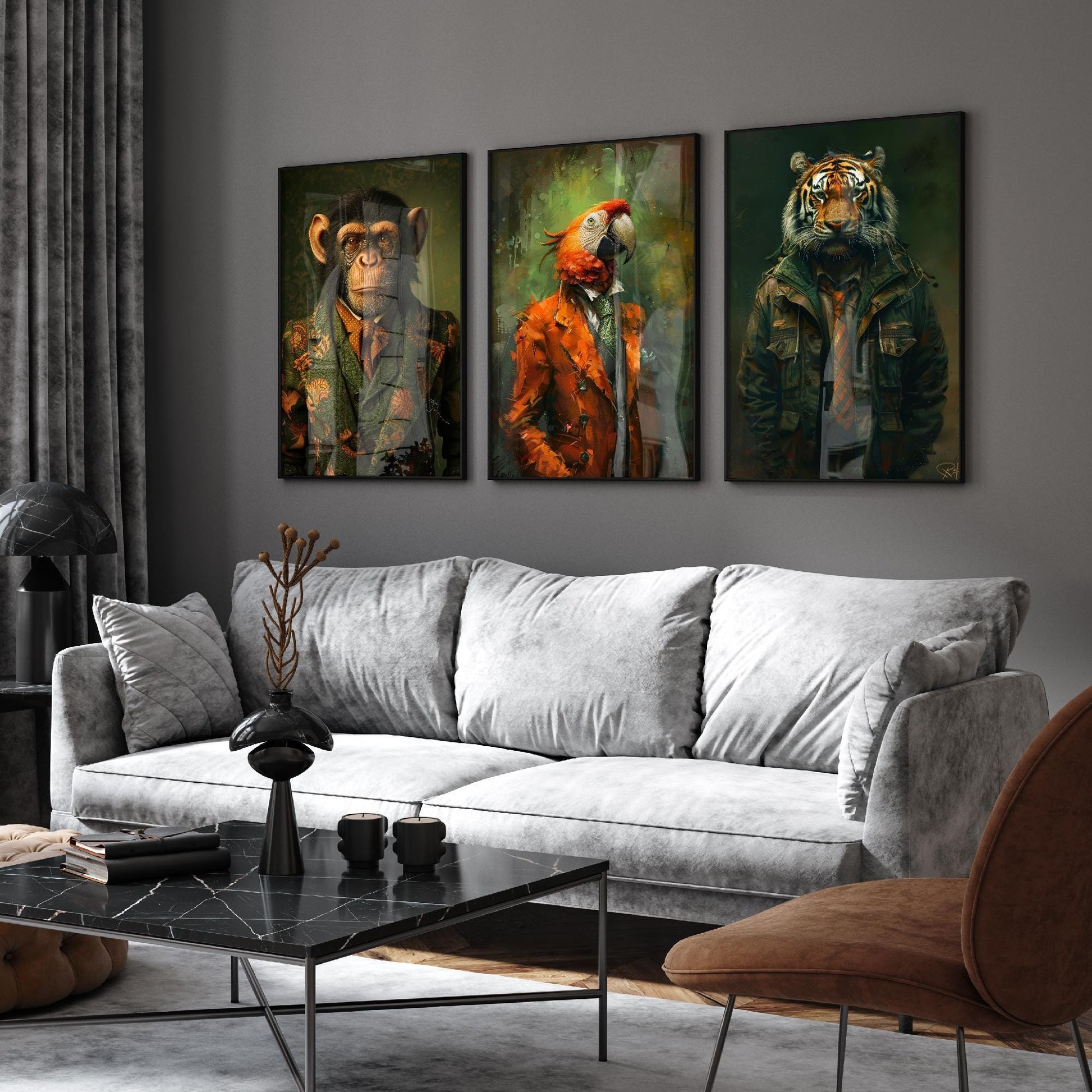 Set of Three Jungle Animals Wearing Suits Paintings - 3 Monkey Parrot Tiger Art Prints - Photo Poster Wall Gift Giclée Décor Chimp Ape #L2