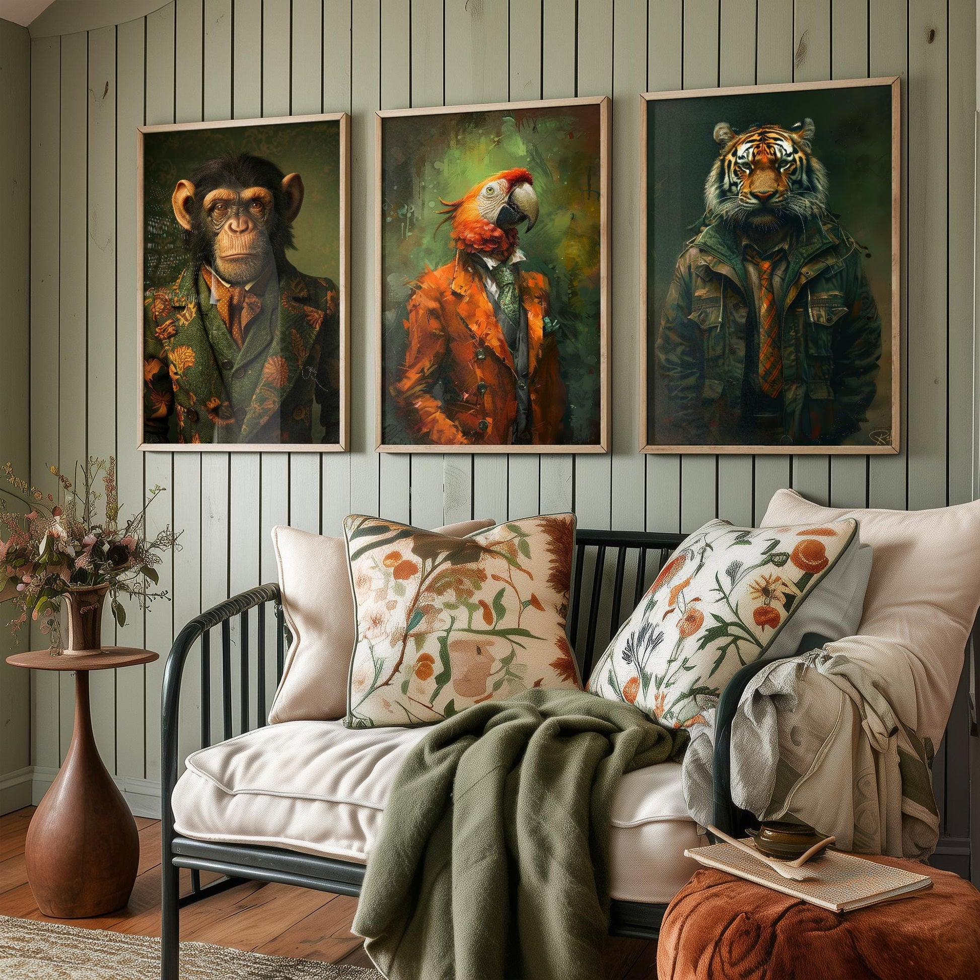 Set of Three Jungle Animals Wearing Suits Paintings - 3 Monkey Parrot Tiger Art Prints - Photo Poster Wall Gift Giclée Décor Chimp Ape #L2