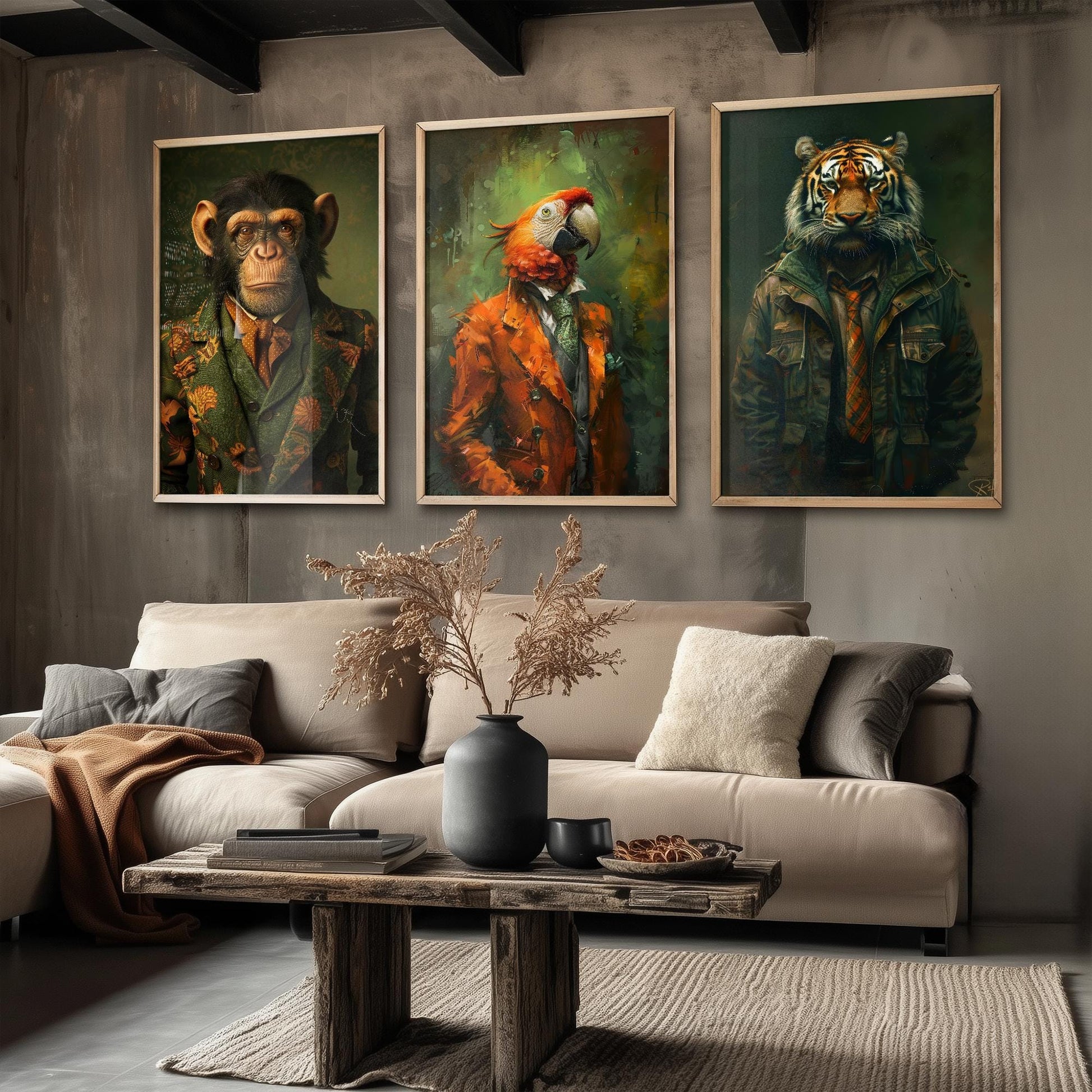 Set of Three Jungle Animals Wearing Suits Paintings - 3 Monkey Parrot Tiger Art Prints - Photo Poster Wall Gift Giclée Décor Chimp Ape #L2