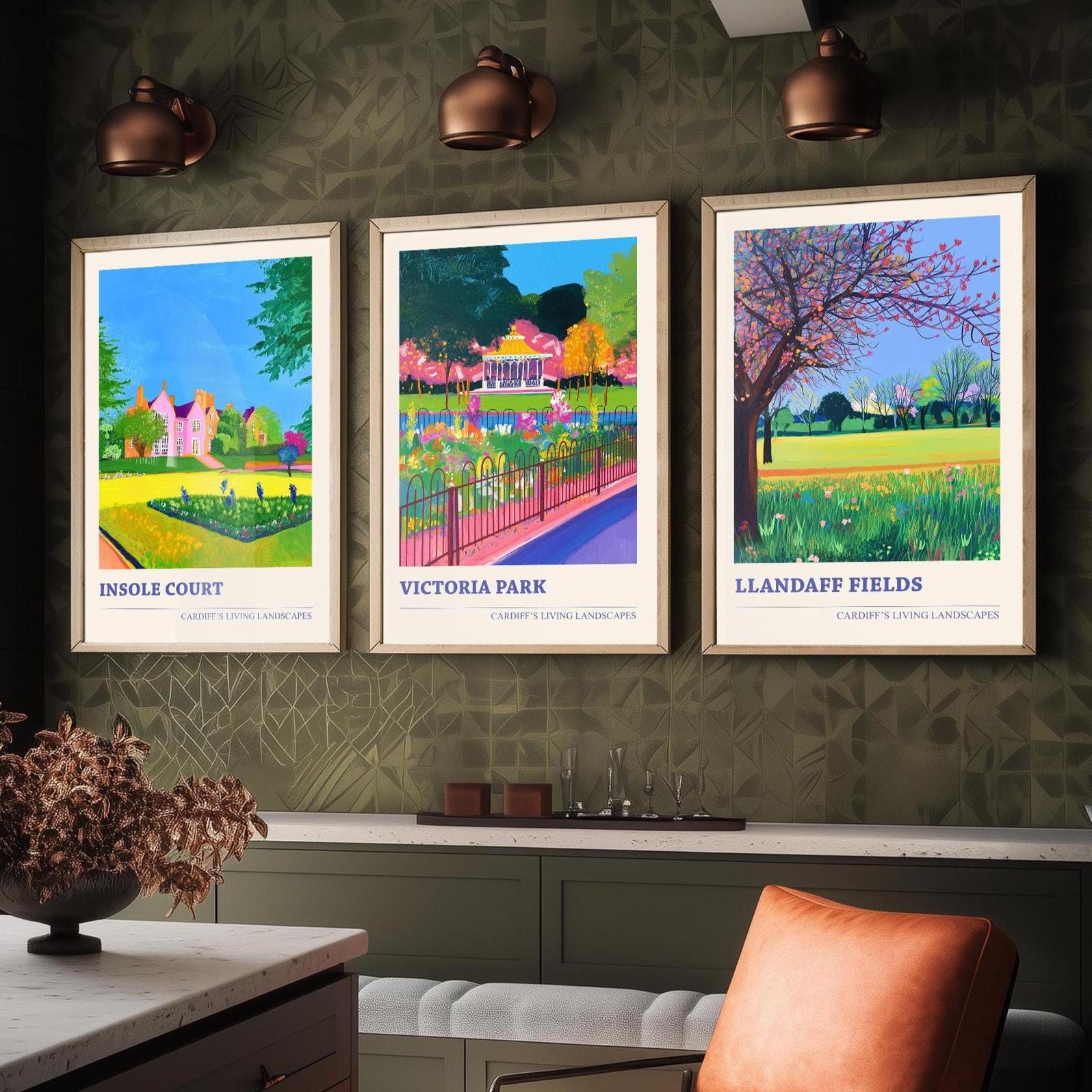 Cardiff's Living Landscapes - Set of Three Art Prints - Insole Court, Victoria Park, Llandaff Fields Posters - 3 Photo Painting Gift Wales