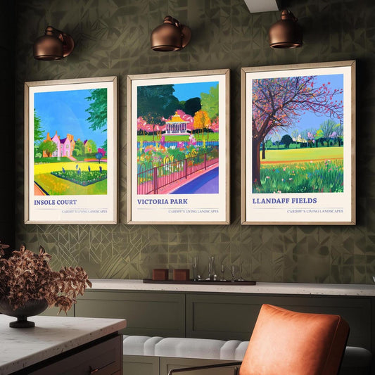 Cardiff's Living Landscapes - Set of Three Art Prints - Insole Court, Victoria Park, Llandaff Fields Posters - 3 Photo Painting Gift Wales