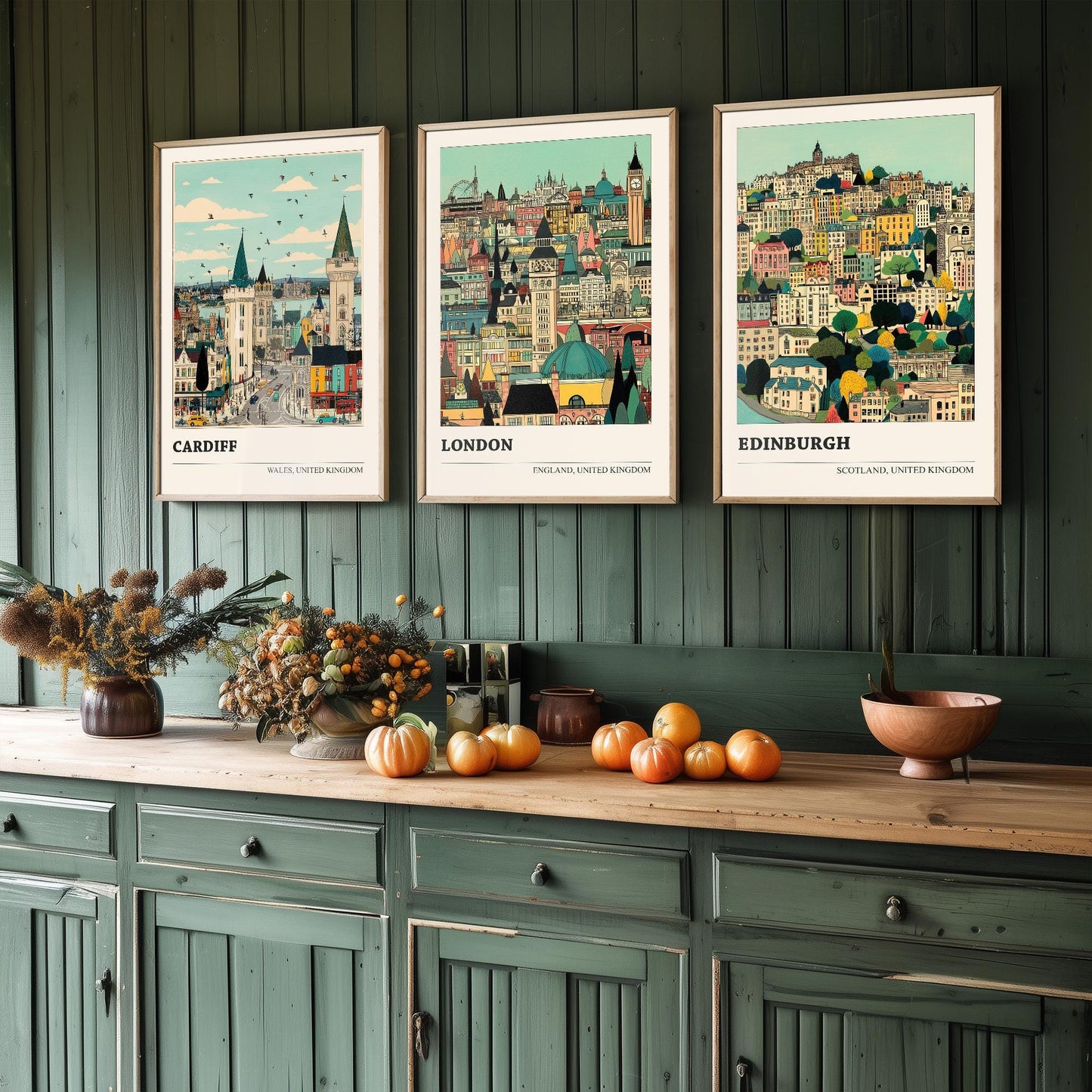 Cardiff, London and Edinburgh Set of Three UK Travel Posters - Capital Cities Abundance Illustrations - 3 Art Prints Photo Painting Gift