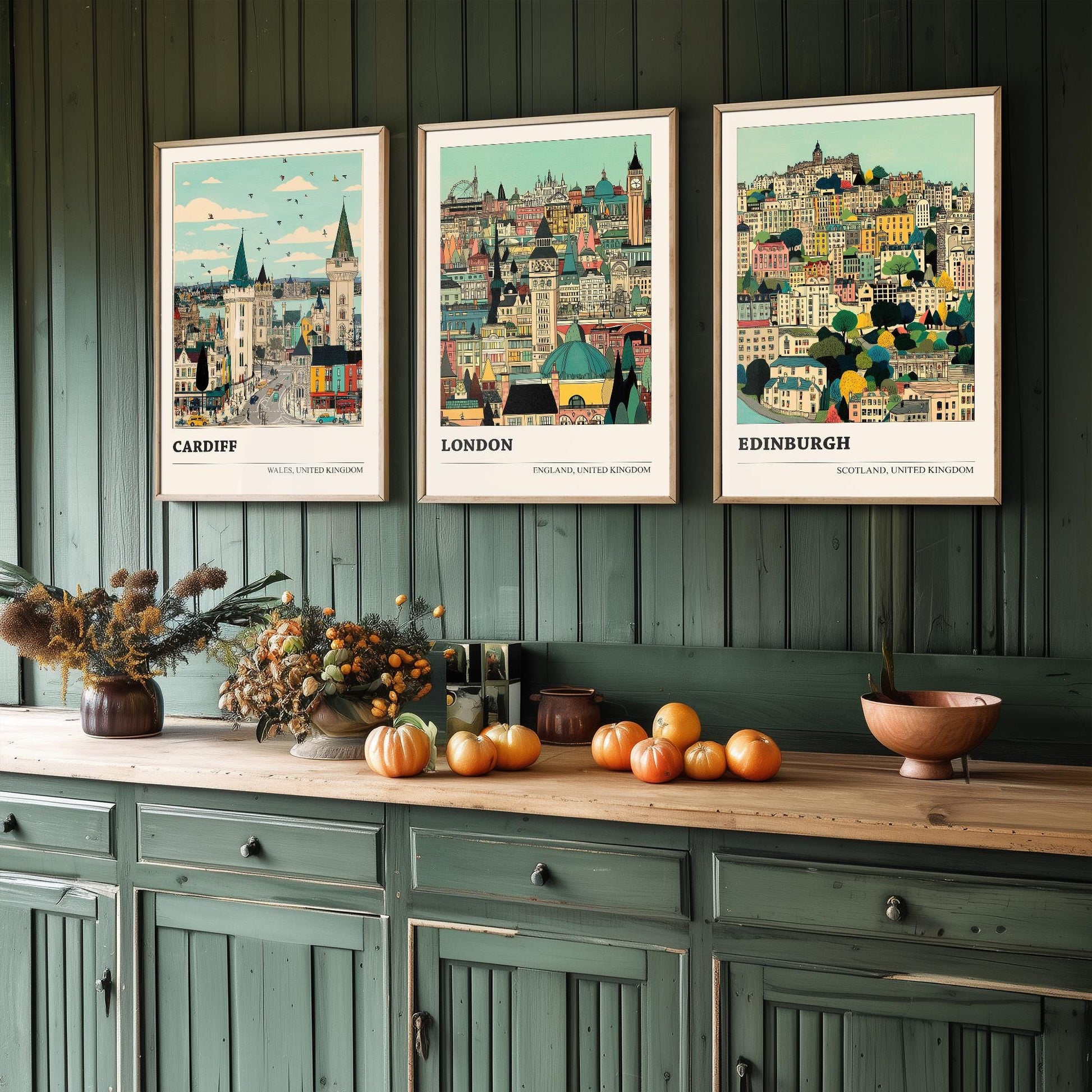 Cardiff, London and Edinburgh Set of Three UK Travel Posters - Capital Cities Abundance Illustrations - 3 Art Prints Photo Painting Gift