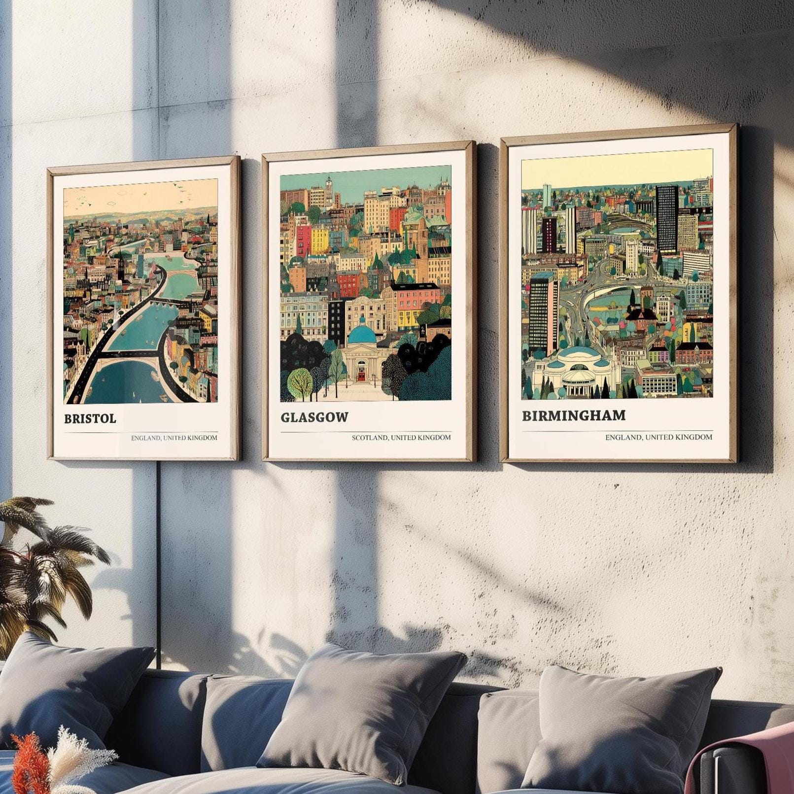 Bristol, Glasgow and Birmingham Set of Three UK Travel Posters - Capital Cities Abundance Illustrations - 3 Art Prints Photo Painting Gift