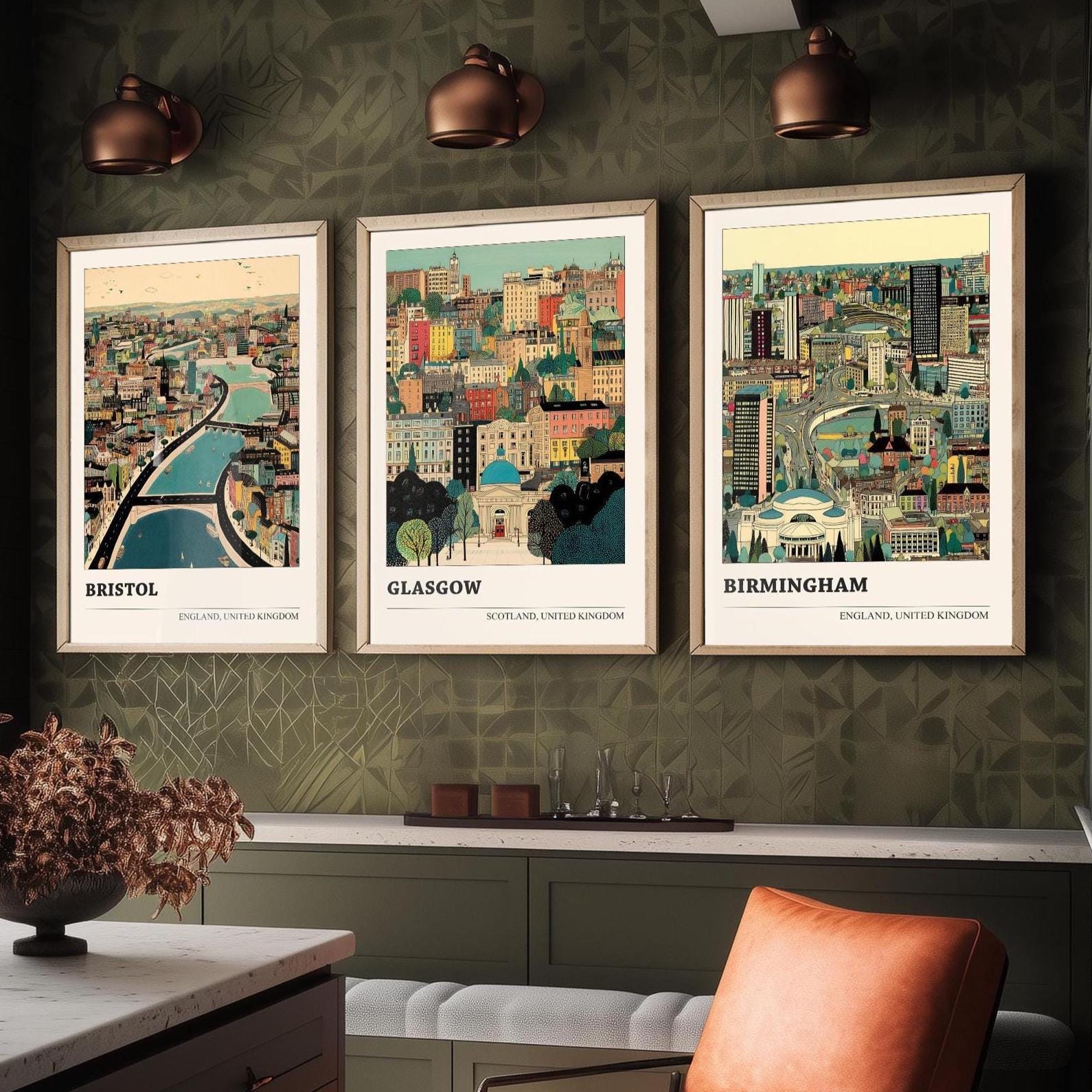 Bristol, Glasgow and Birmingham Set of Three UK Travel Posters - Capital Cities Abundance Illustrations - 3 Art Prints Photo Painting Gift