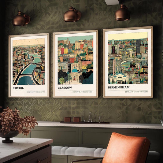 Bristol, Glasgow and Birmingham Set of Three UK Travel Posters - Capital Cities Abundance Illustrations - 3 Art Prints Photo Painting Gift