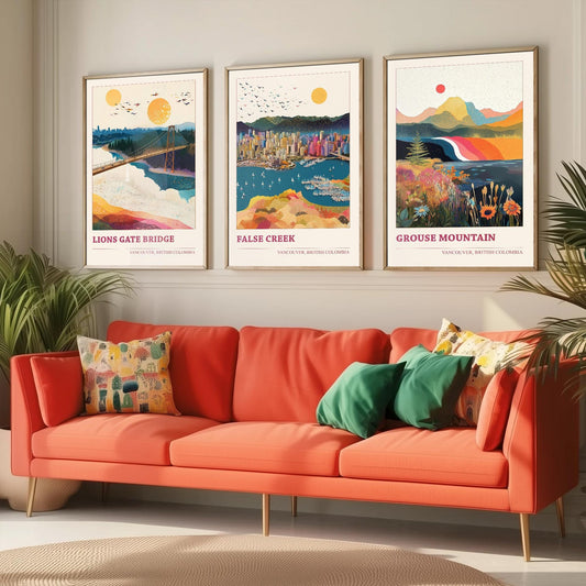 Vancouver Set of Three Travel Posters - Lion's Gate Bridge, False Creek, Grouse Mountain Canada Illustrations - 3 Art Prints Painting Gift
