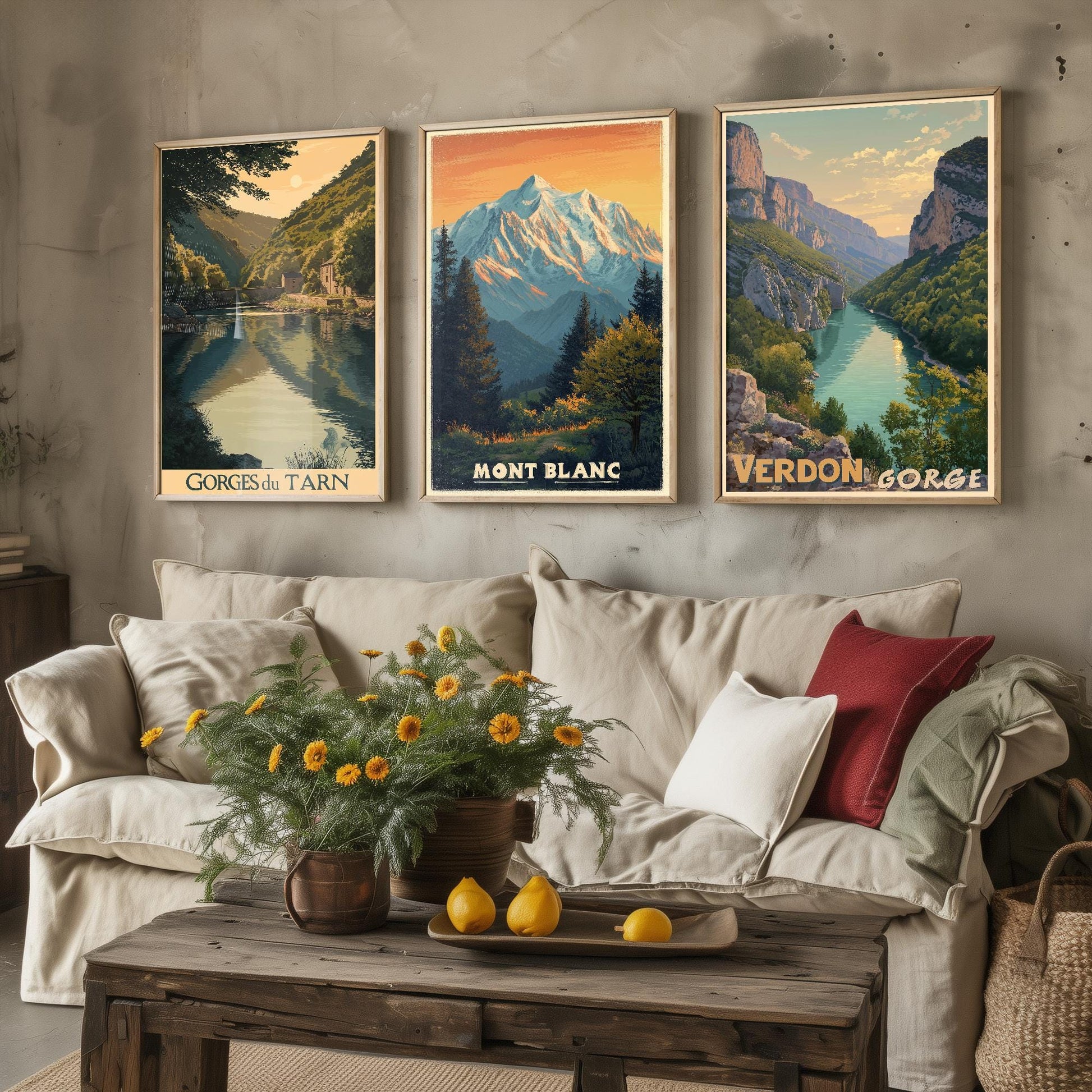 Natural Wonders of France Set of Three Travel Posters - Gorges du Tarn, Mont Blanc, Verdon Gorge Illustrations - 3 Art Prints Painting Gift