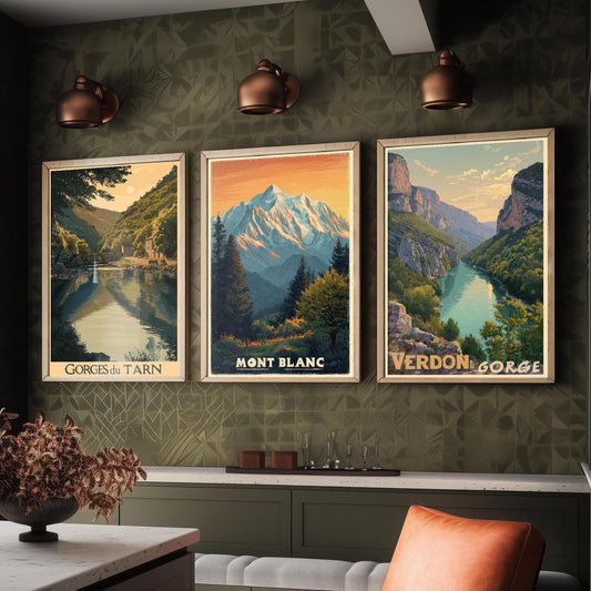 Natural Wonders of France Set of Three Travel Posters - Gorges du Tarn, Mont Blanc, Verdon Gorge Illustrations - 3 Art Prints Painting Gift