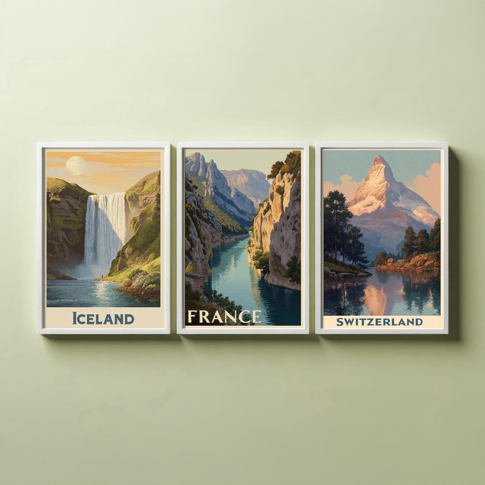 Natural Wonders of Iceland, France and Switzerland - Set of Three Travel Posters - Illustrations 3 Art Prints Painting Gift Photo