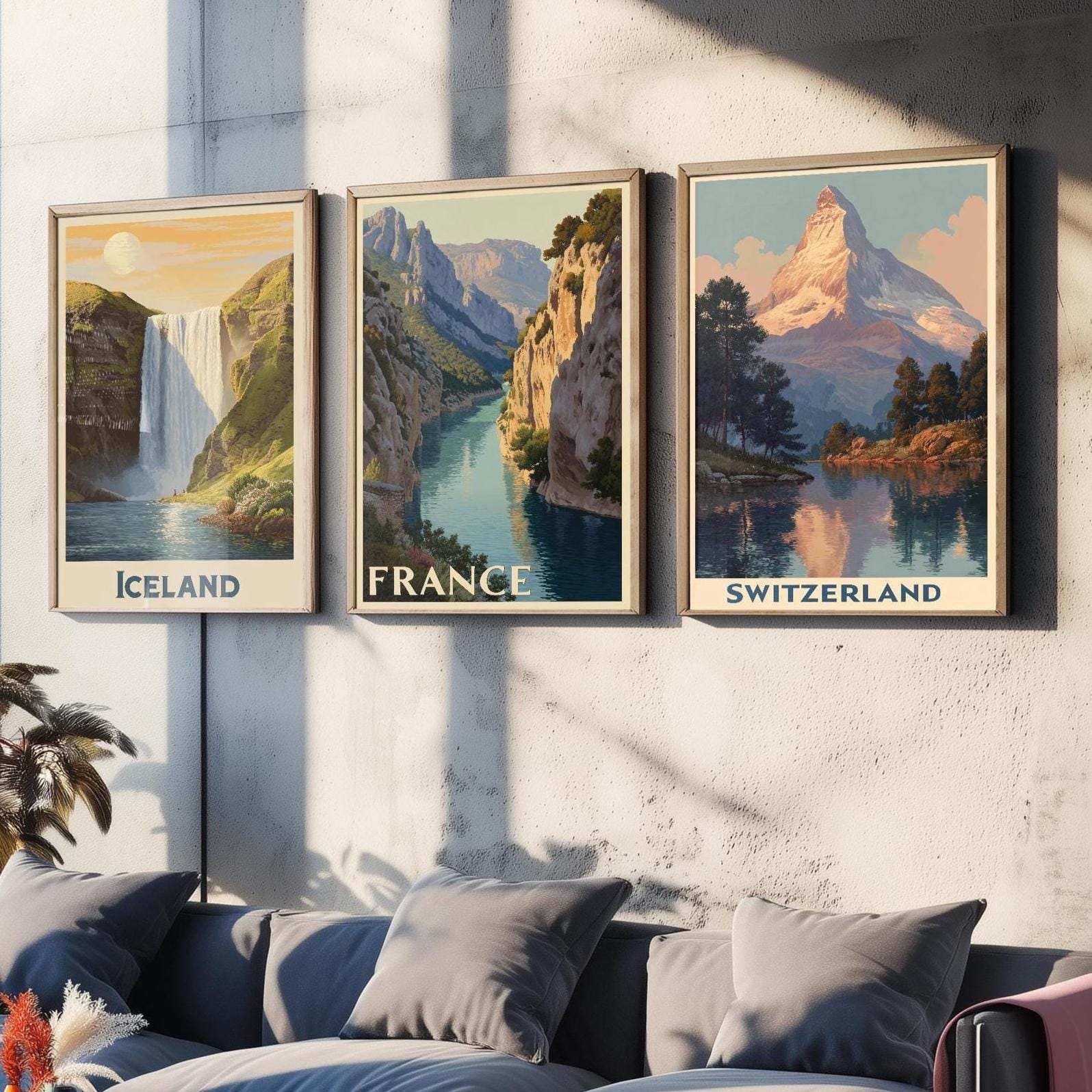 Natural Wonders of Iceland, France and Switzerland - Set of Three Travel Posters - Illustrations 3 Art Prints Painting Gift Photo