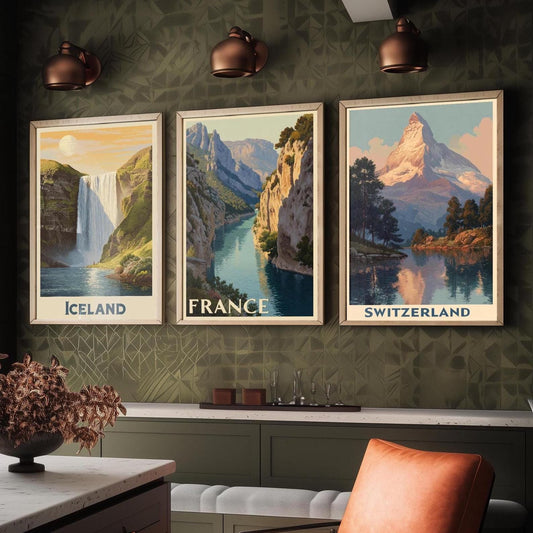 Natural Wonders of Iceland, France and Switzerland - Set of Three Travel Posters - Illustrations 3 Art Prints Painting Gift Photo