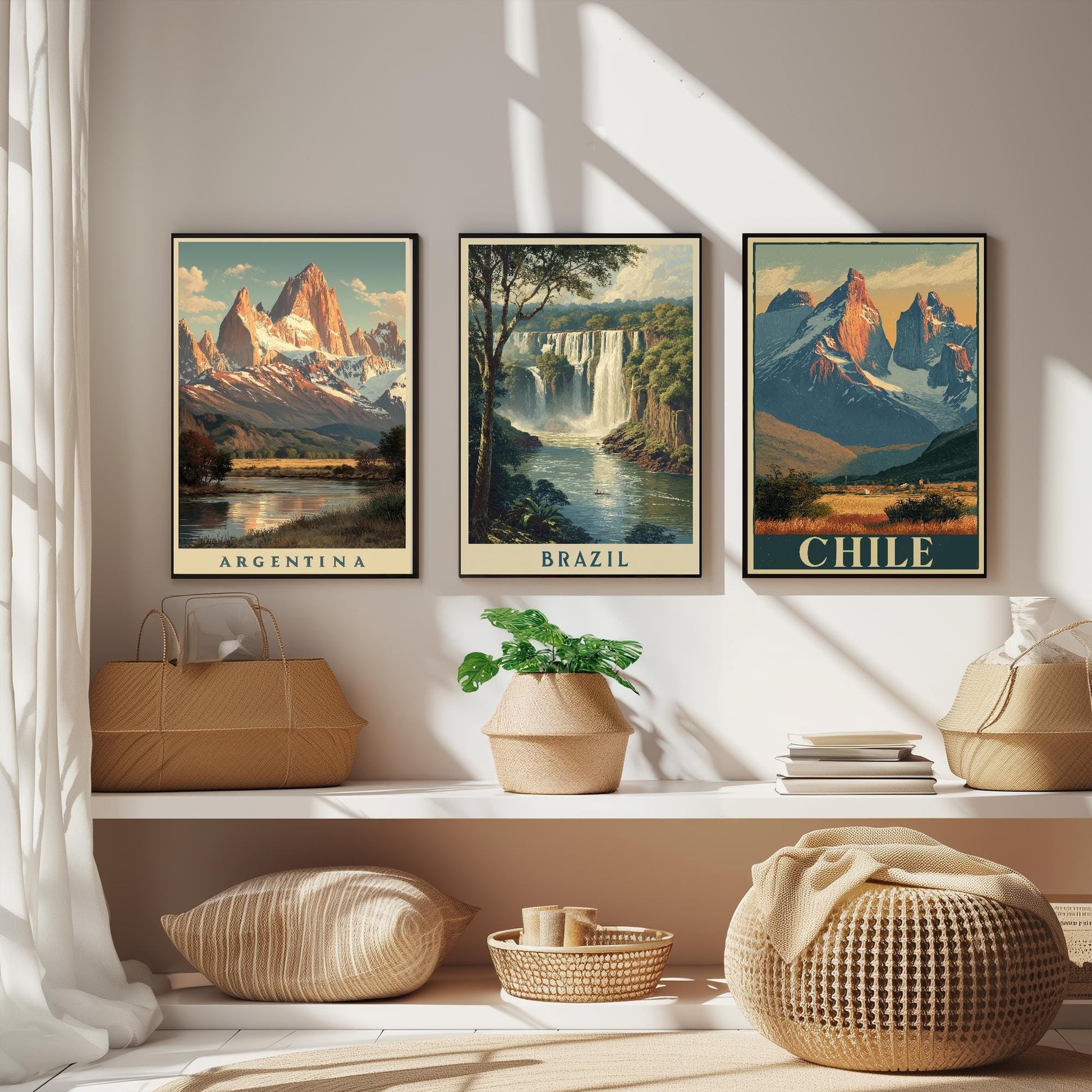 Natural Wonders of Argentina, Brazil and Chile - Set of Three Travel Posters - Illustrations 3 Art Prints Painting Gift Photo South America