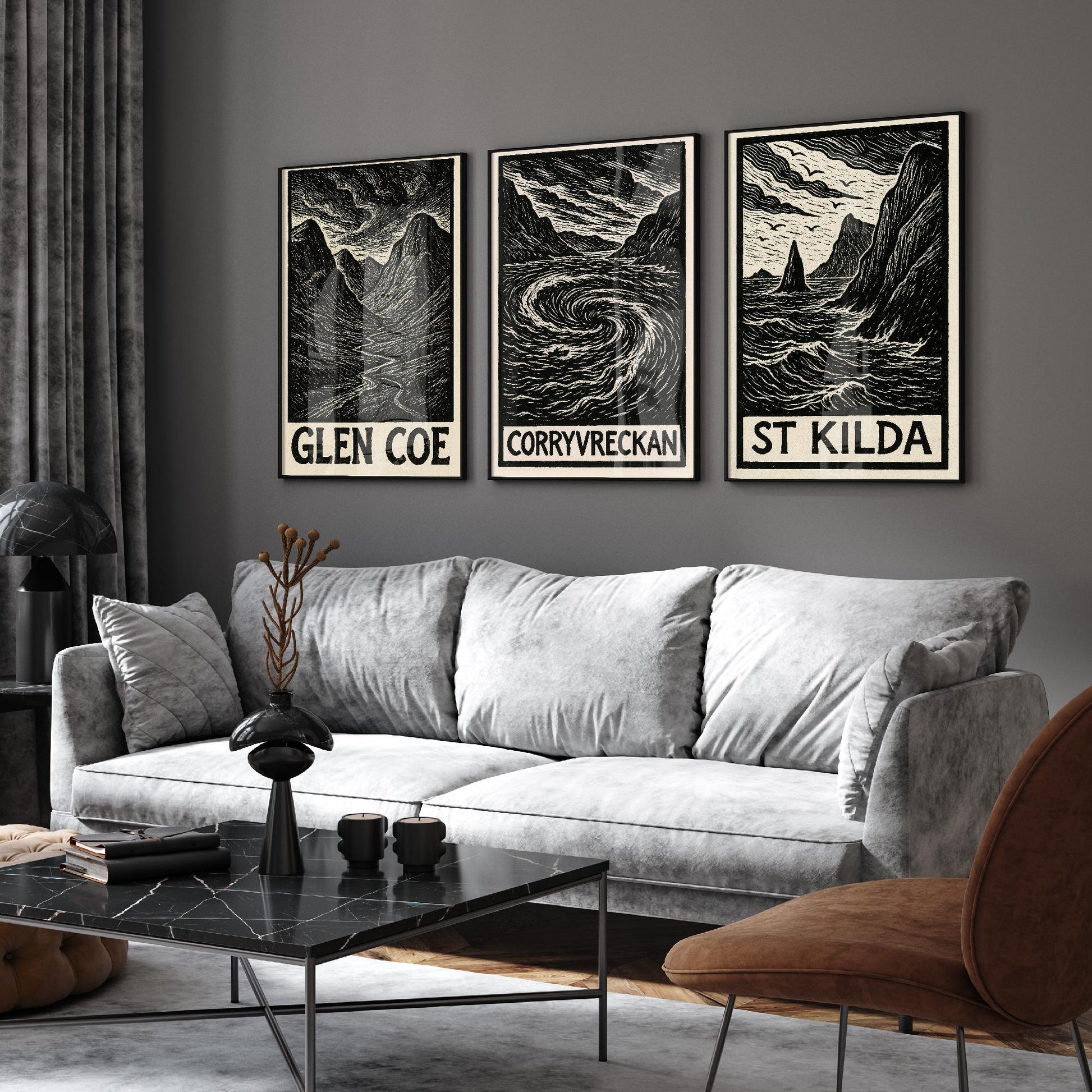 Glen Coe, Corryvreckan, St Kilda Posters - Set of Three Scotland Travel Art Prints - 3 B&W Woodcut Illustration Painting Highlands