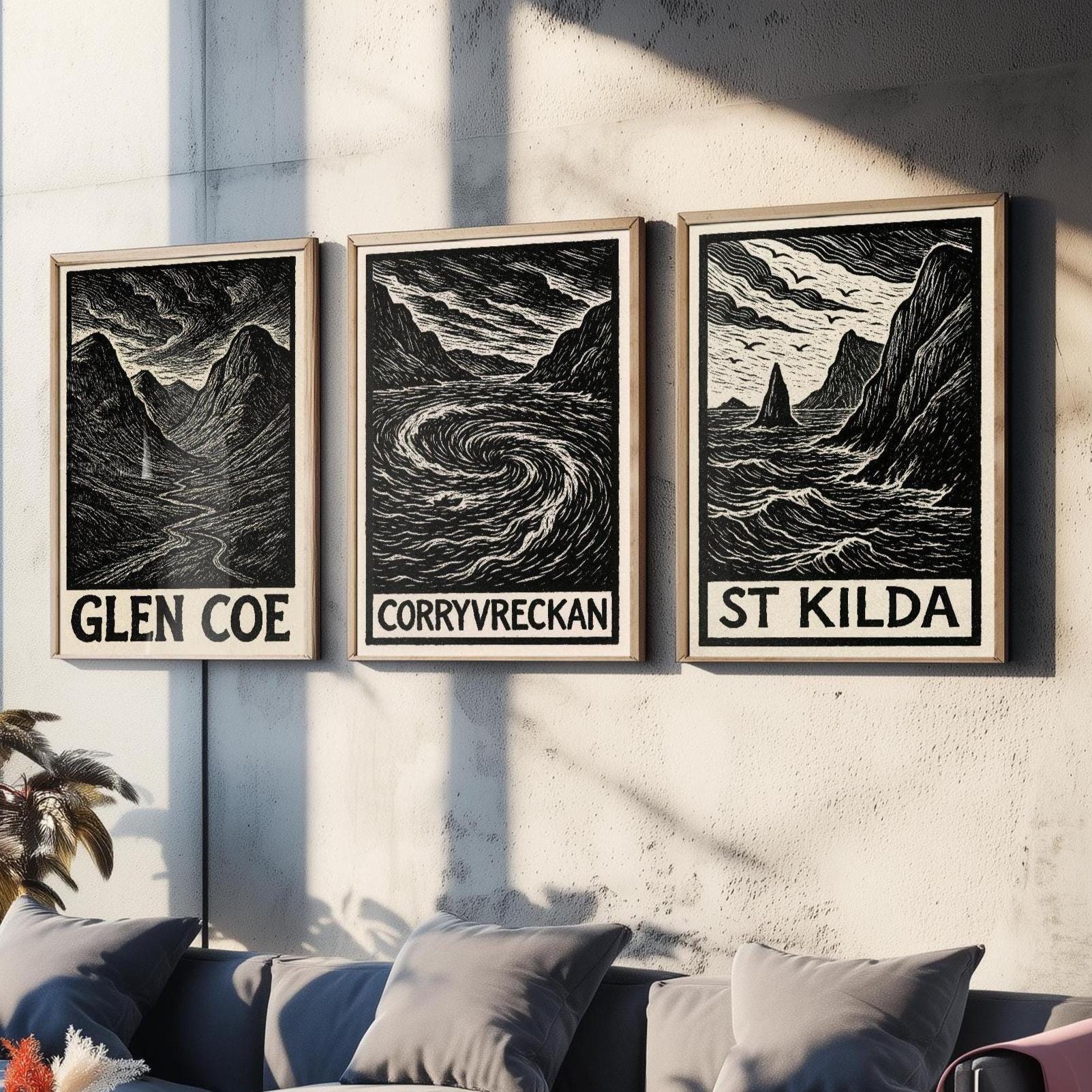 Glen Coe, Corryvreckan, St Kilda Posters - Set of Three Scotland Travel Art Prints - 3 B&W Woodcut Illustration Painting Highlands