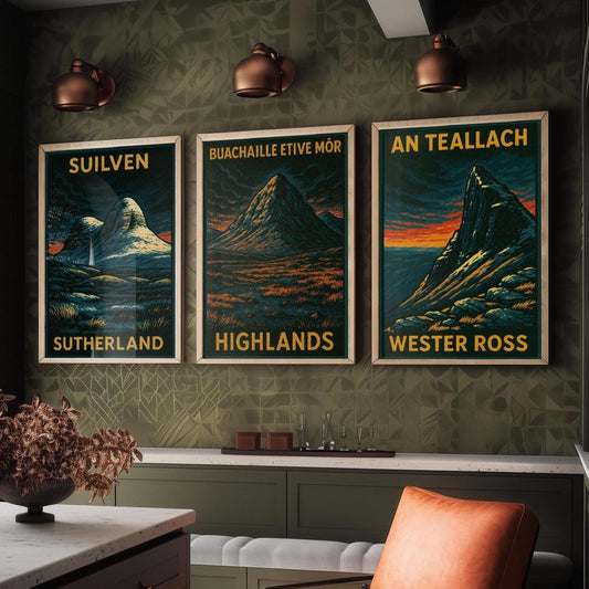 Suilven, Bauchaille Etive Mor, An Teallach Posters - Set of Three Scotland Travel Art Prints - 3 Dark Moody Illustration Painting Highlands