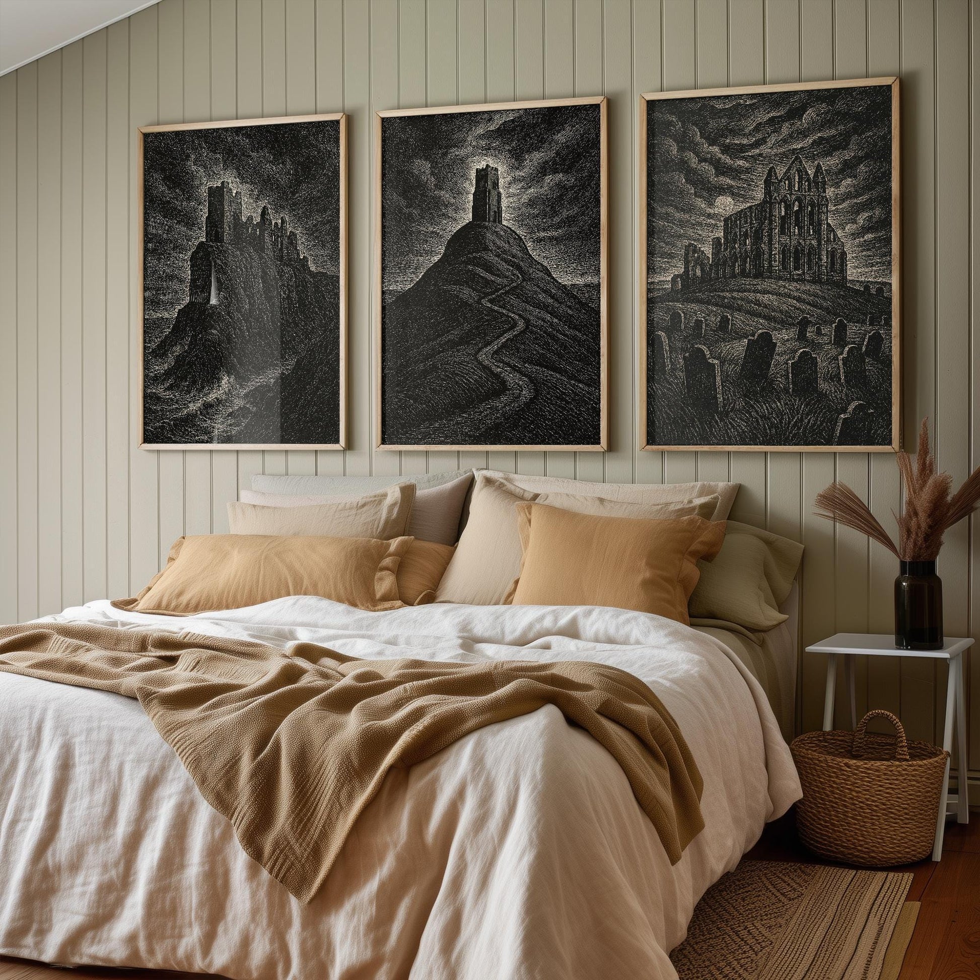 Moody UK Landmarks - Set of Three Art Prints - Dunnottar Castle, Glastonbury Tor, Whitby Abbey Posters - 3 Dark Illustration Painting