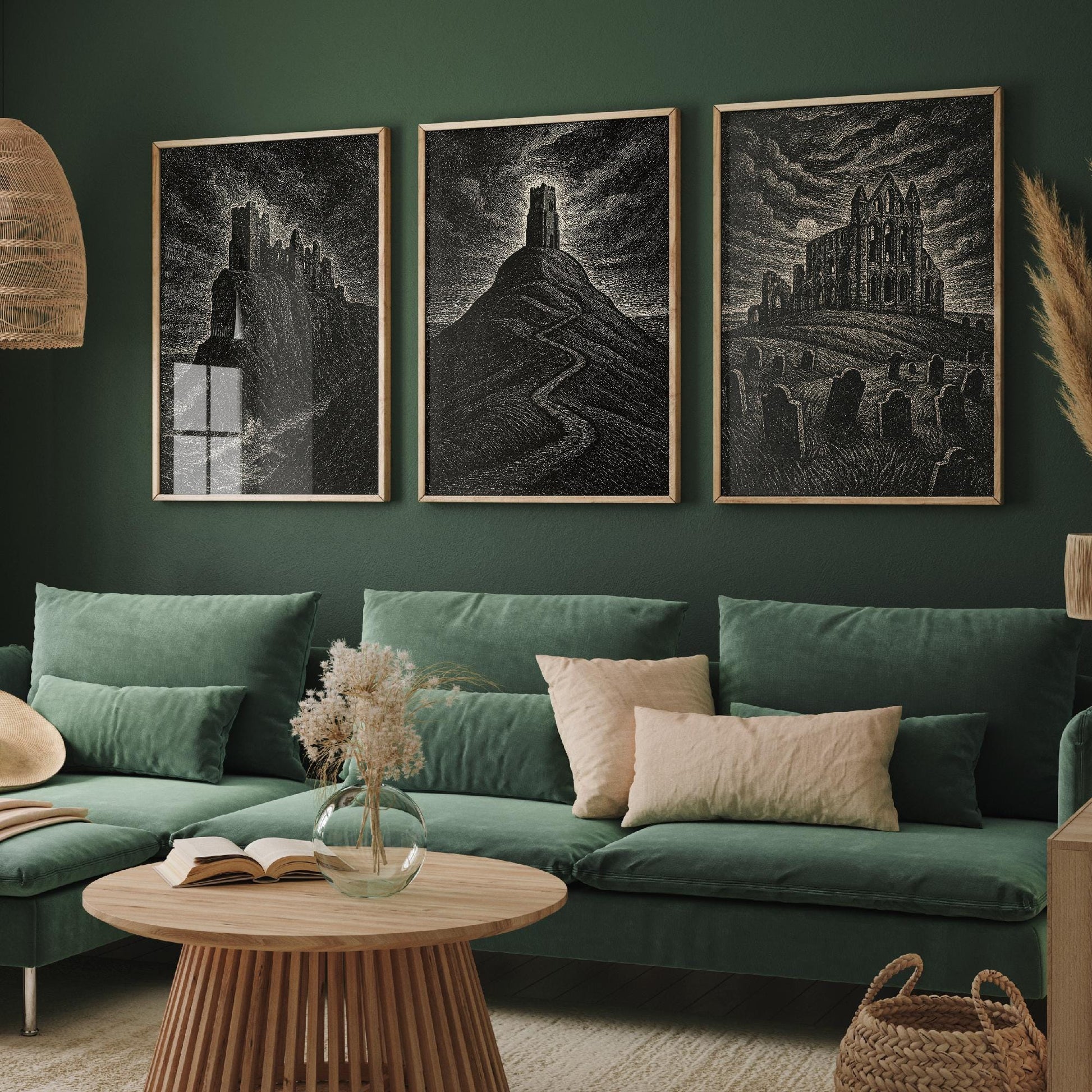 Moody UK Landmarks - Set of Three Art Prints - Dunnottar Castle, Glastonbury Tor, Whitby Abbey Posters - 3 Dark Illustration Painting