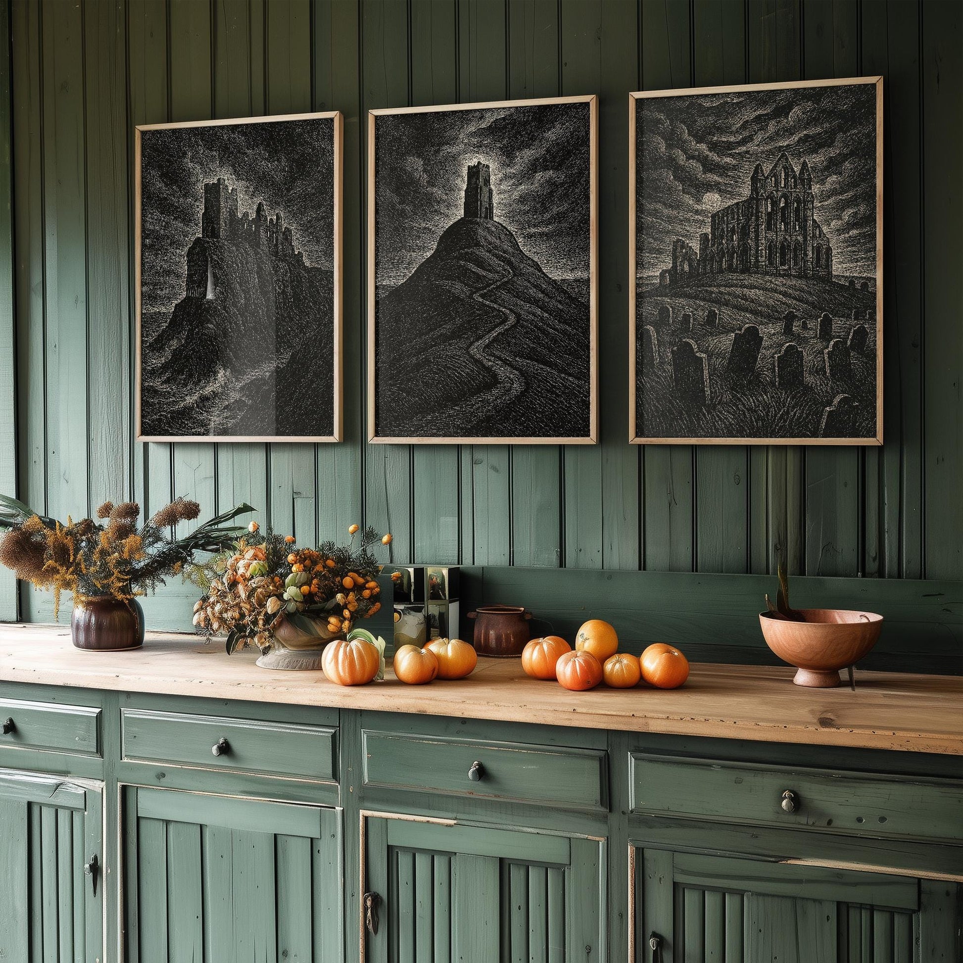 Moody UK Landmarks - Set of Three Art Prints - Dunnottar Castle, Glastonbury Tor, Whitby Abbey Posters - 3 Dark Illustration Painting