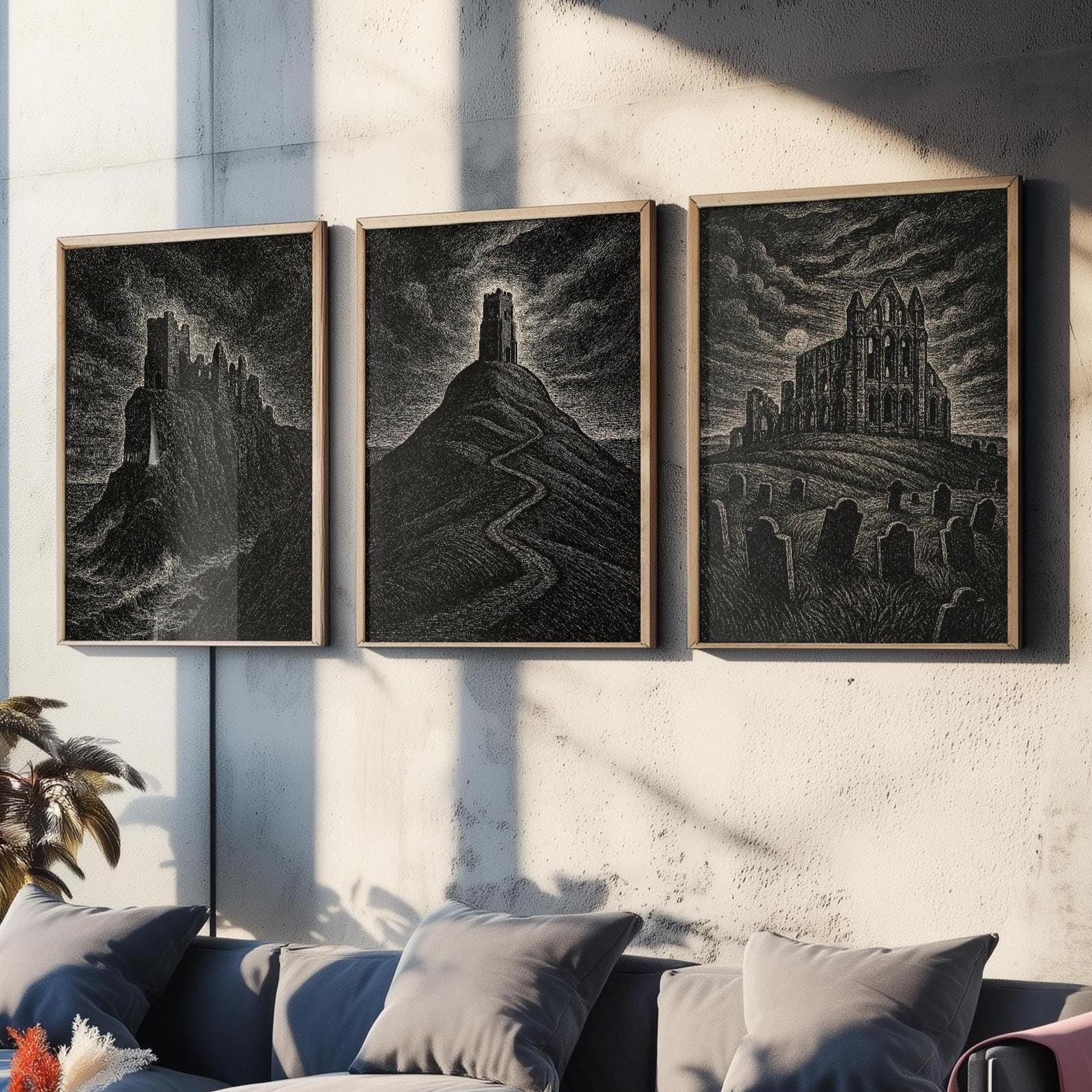 Moody UK Landmarks - Set of Three Art Prints - Dunnottar Castle, Glastonbury Tor, Whitby Abbey Posters - 3 Dark Illustration Painting