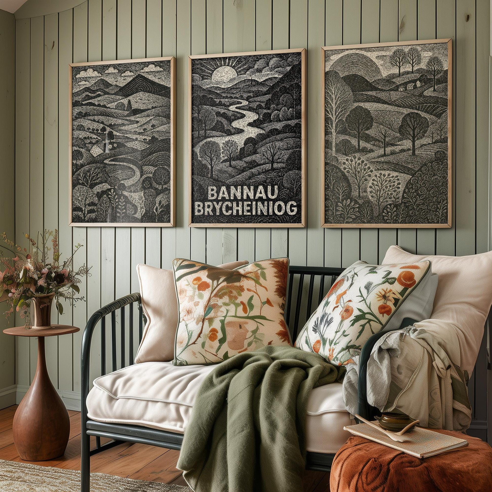 Bannau Brycheiniog Woodcut Art Prints - Set of Three Welsh Posters - Brecon Beacons Pen y Fan Posters - 3 Painting Wales Welsh Landscapes