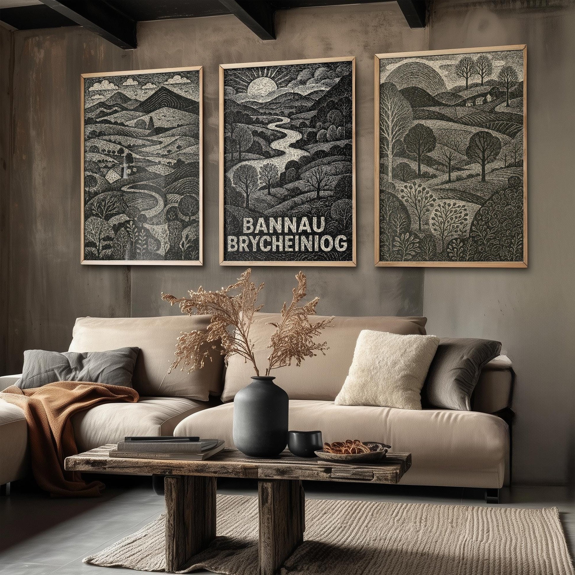Bannau Brycheiniog Woodcut Art Prints - Set of Three Welsh Posters - Brecon Beacons Pen y Fan Posters - 3 Painting Wales Welsh Landscapes