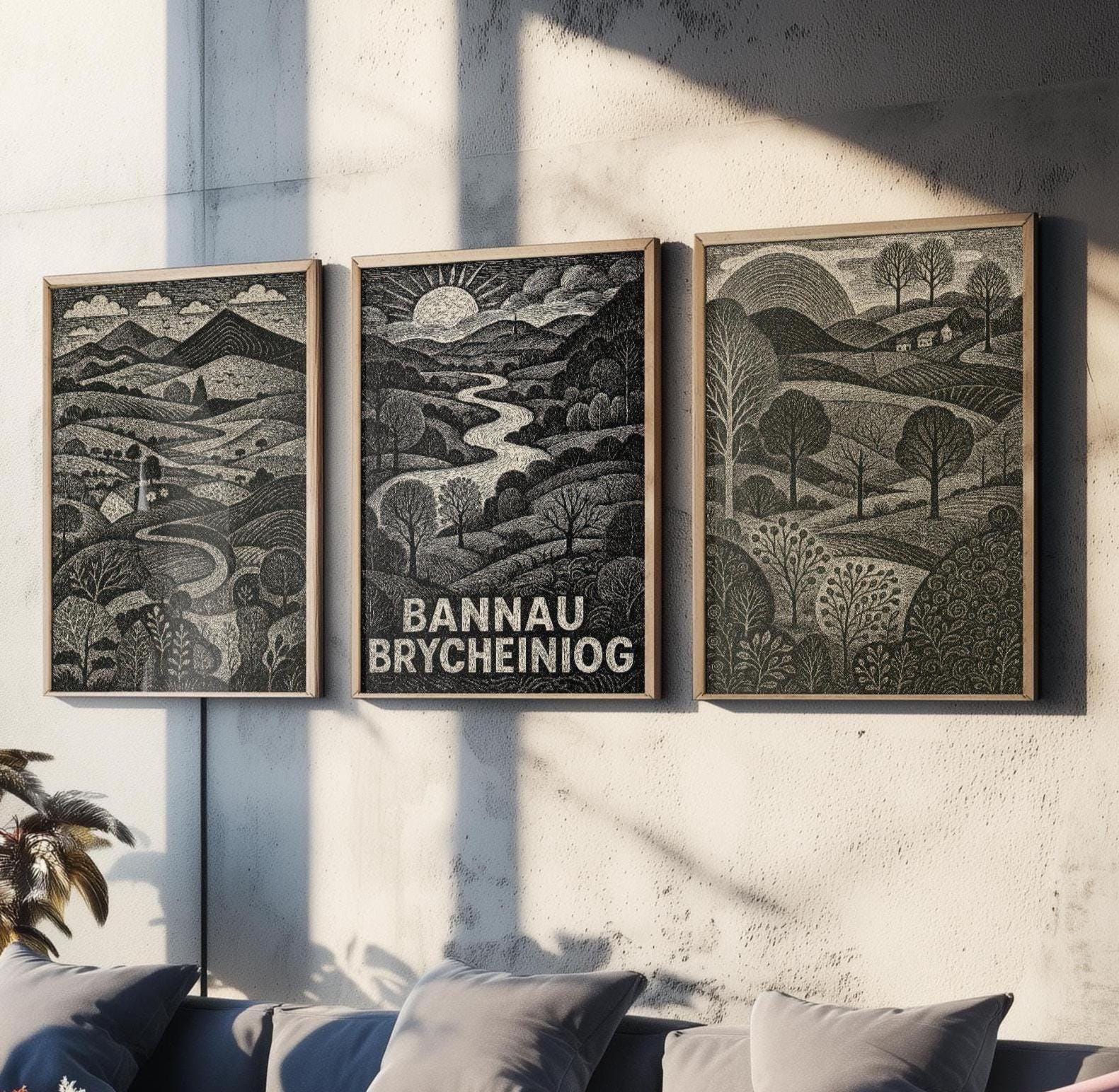 Bannau Brycheiniog Woodcut Art Prints - Set of Three Welsh Posters - Brecon Beacons Pen y Fan Posters - 3 Painting Wales Welsh Landscapes
