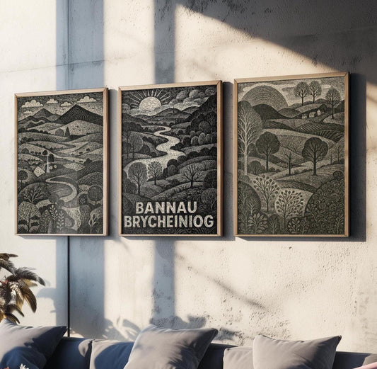 Bannau Brycheiniog Woodcut Art Prints - Set of Three Welsh Posters - Brecon Beacons Pen y Fan Posters - 3 Painting Wales Welsh Landscapes