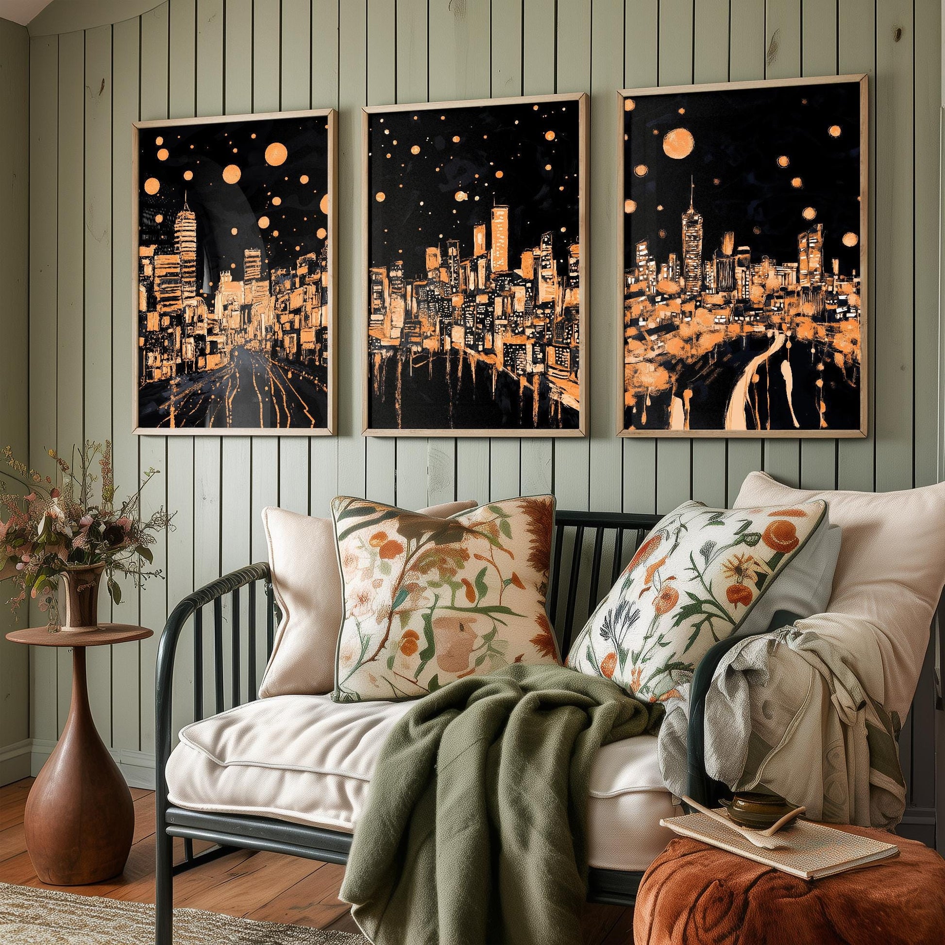 Swansea, Cardiff & Wrexham at Midnight - Set of Three Travel Posters - Illustrations 3 Art Prints Painting Gift Photo Wales Lights Welsh
