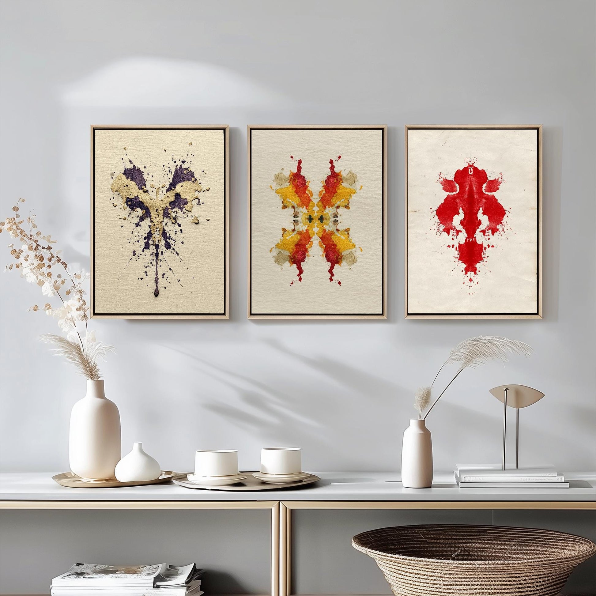 Rorschach Inkblot Set of Three Art Prints - Yellow Boom - 3 Psychology Student Paintings - Photo Poster Wall Art Gift Giclée Museum - Office