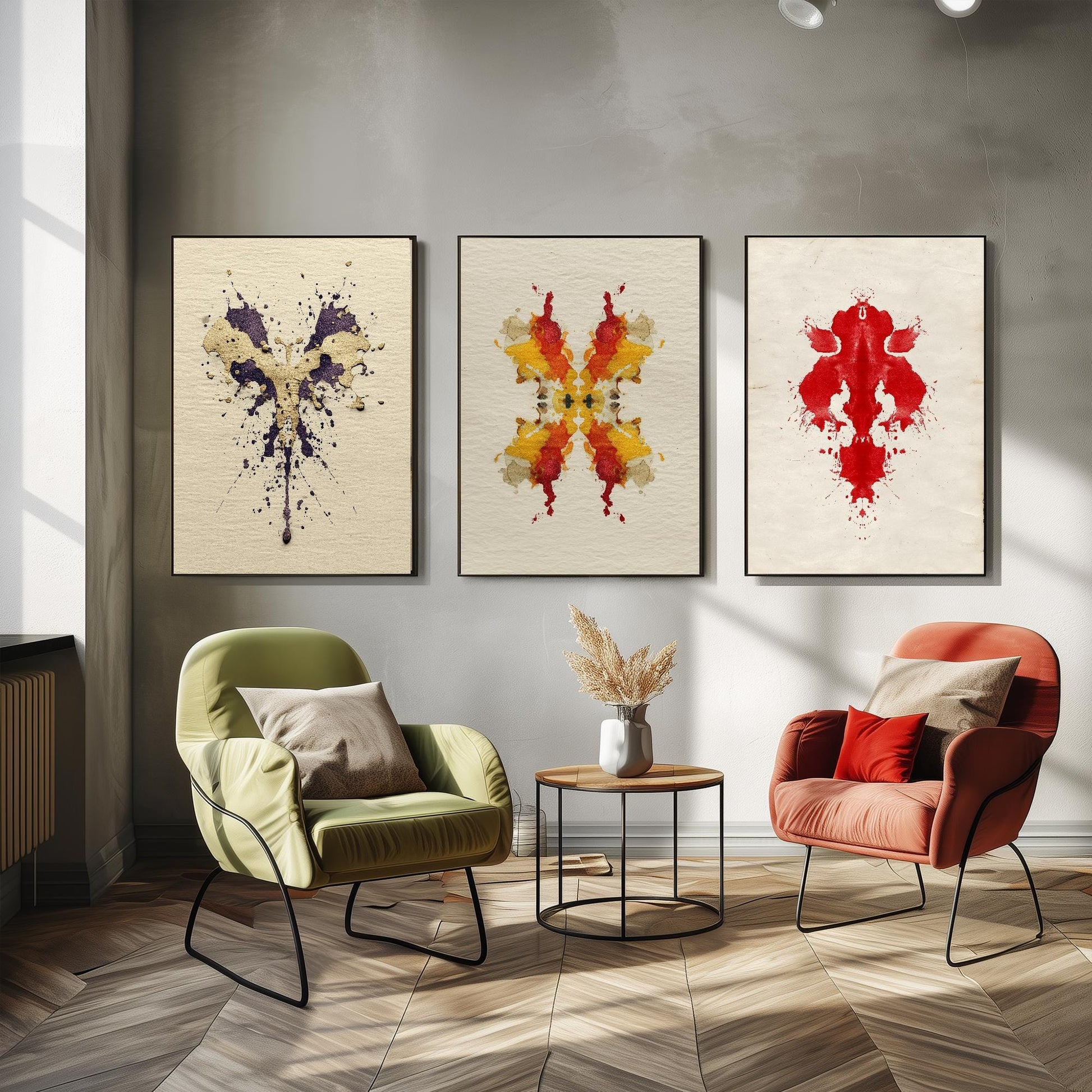 Rorschach Inkblot Set of Three Art Prints - Yellow Boom - 3 Psychology Student Paintings - Photo Poster Wall Art Gift Giclée Museum - Office