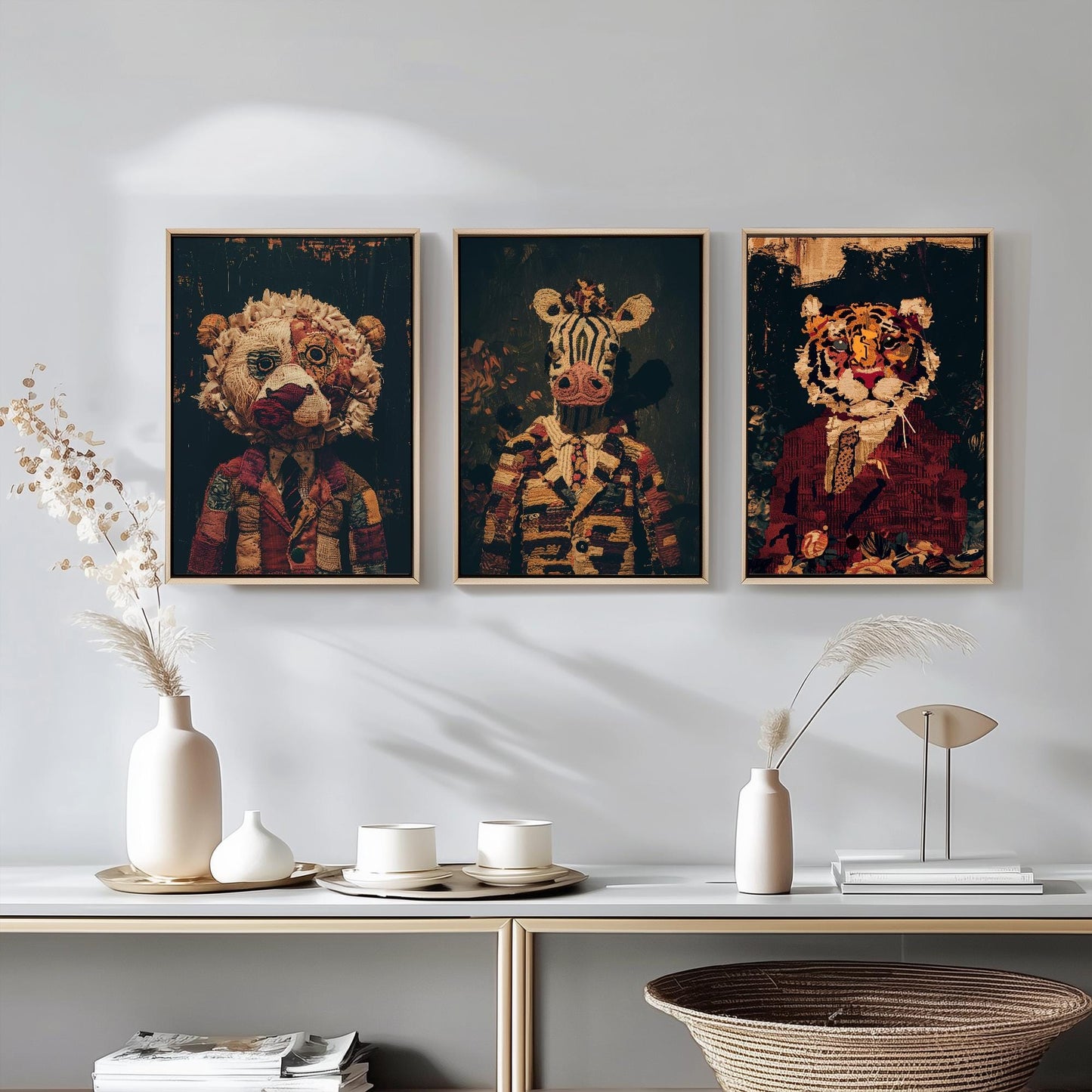 Set of Three Patchwork Safari Posters - 3 Lion Zebra Tiger Art Prints - Photo Painting Wall Gift Giclée Décor Kids Toy Favourite Nursery