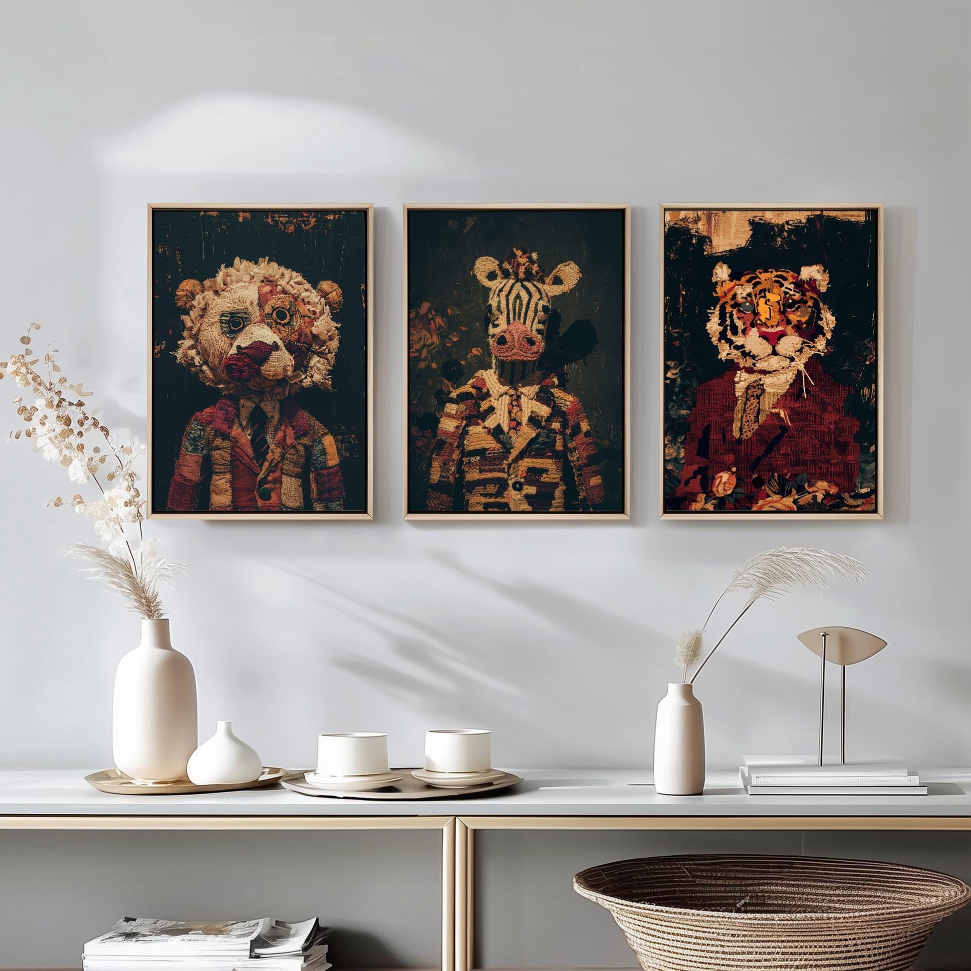 Set of Three Patchwork Safari Posters - 3 Lion Zebra Tiger Art Prints - Photo Painting Wall Gift Giclée Décor Kids Toy Favourite Nursery