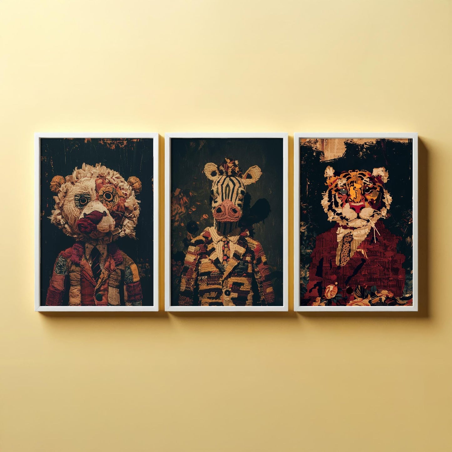 Set of Three Patchwork Safari Posters - 3 Lion Zebra Tiger Art Prints - Photo Painting Wall Gift Giclée Décor Kids Toy Favourite Nursery