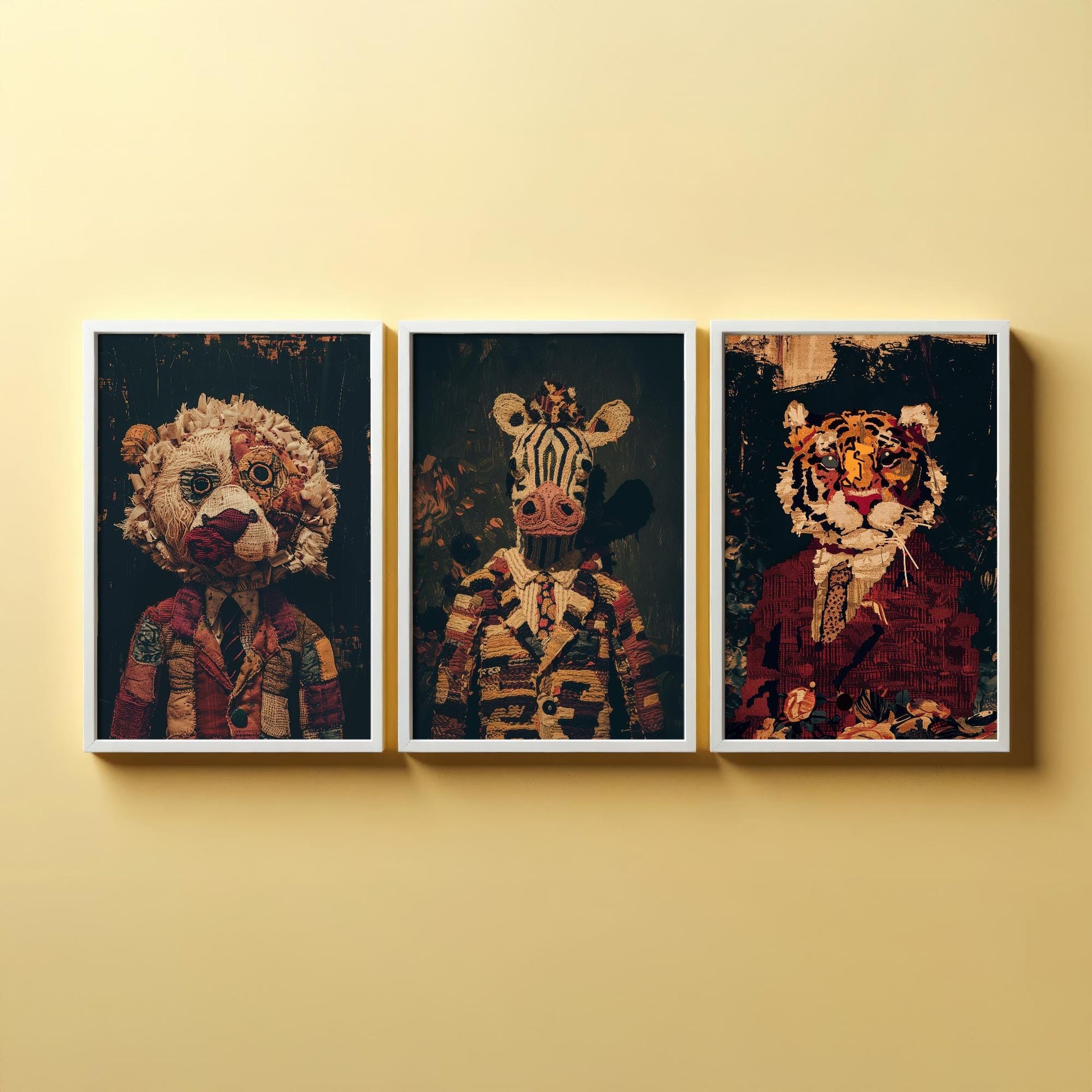 Set of Three Patchwork Safari Posters - 3 Lion Zebra Tiger Art Prints - Photo Painting Wall Gift Giclée Décor Kids Toy Favourite Nursery